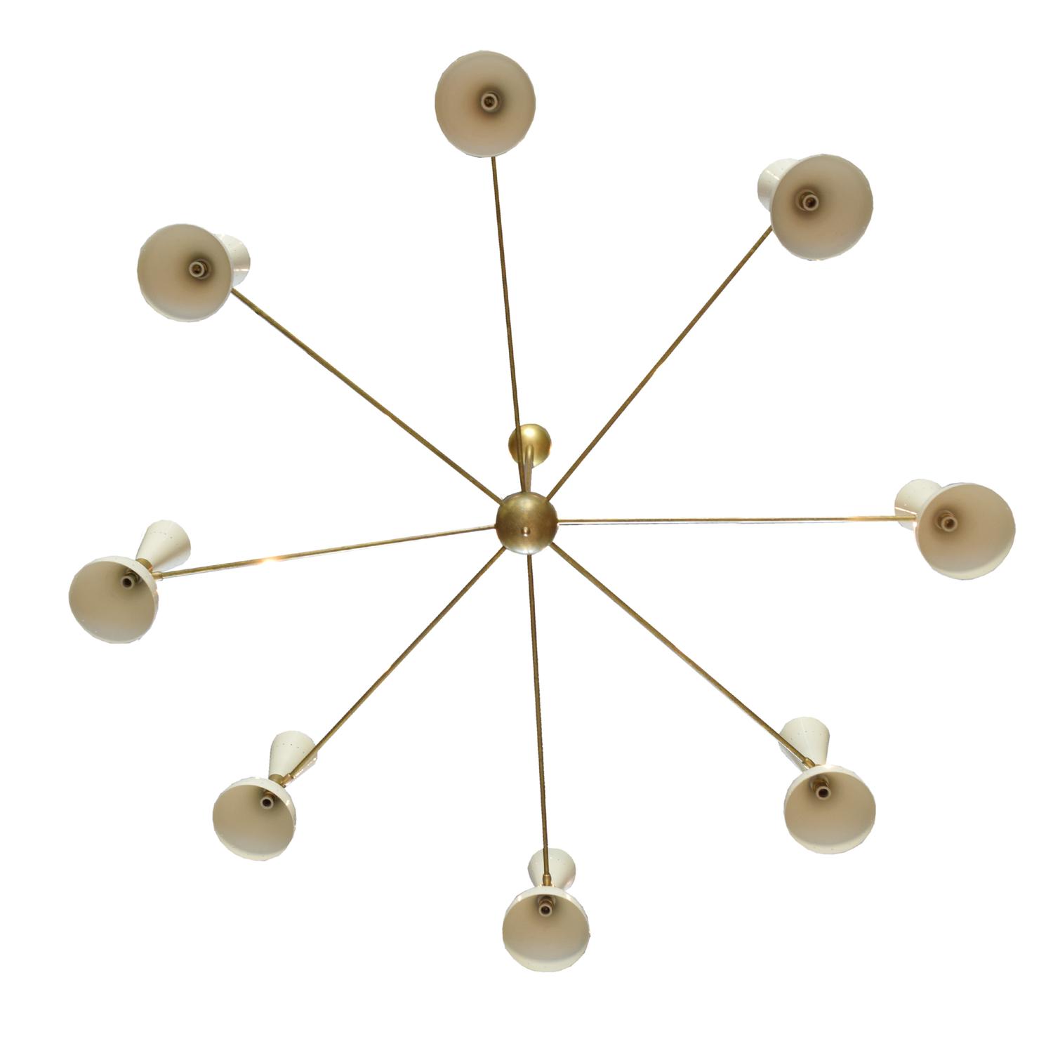 A Brass and Enamel Eight-Arm Chandelier in the Style of Stilnovo 59" W x 59" D x 50 " H — Italy, 20th Century