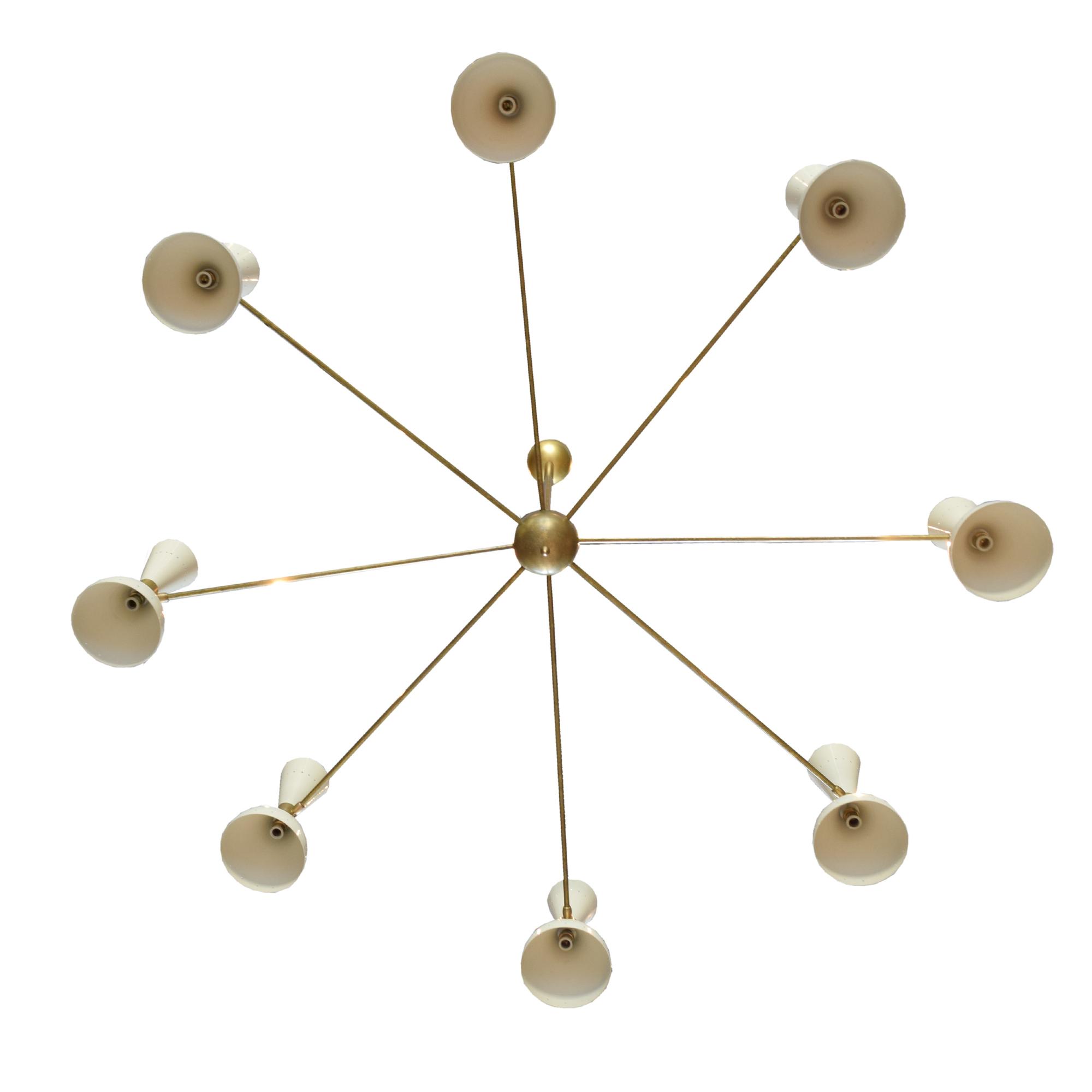 A Brass and Enamel Eight-Arm Chandelier in the Style of Stilnovo 59" W x 59" D x 50 " H — Italy, 20th Century