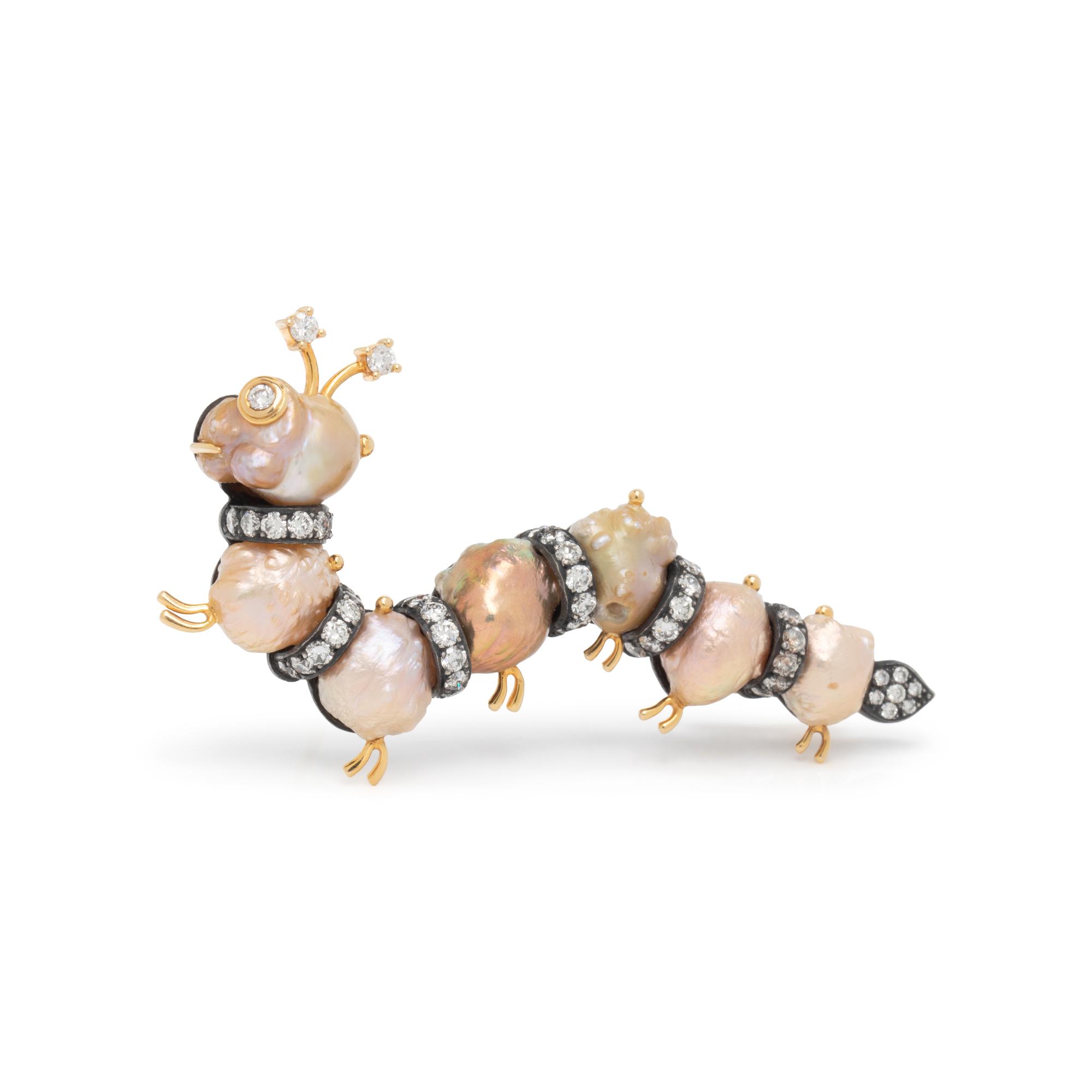 BAROQUE PEARL AND DIAMOND CATERPILLAR BROOCH