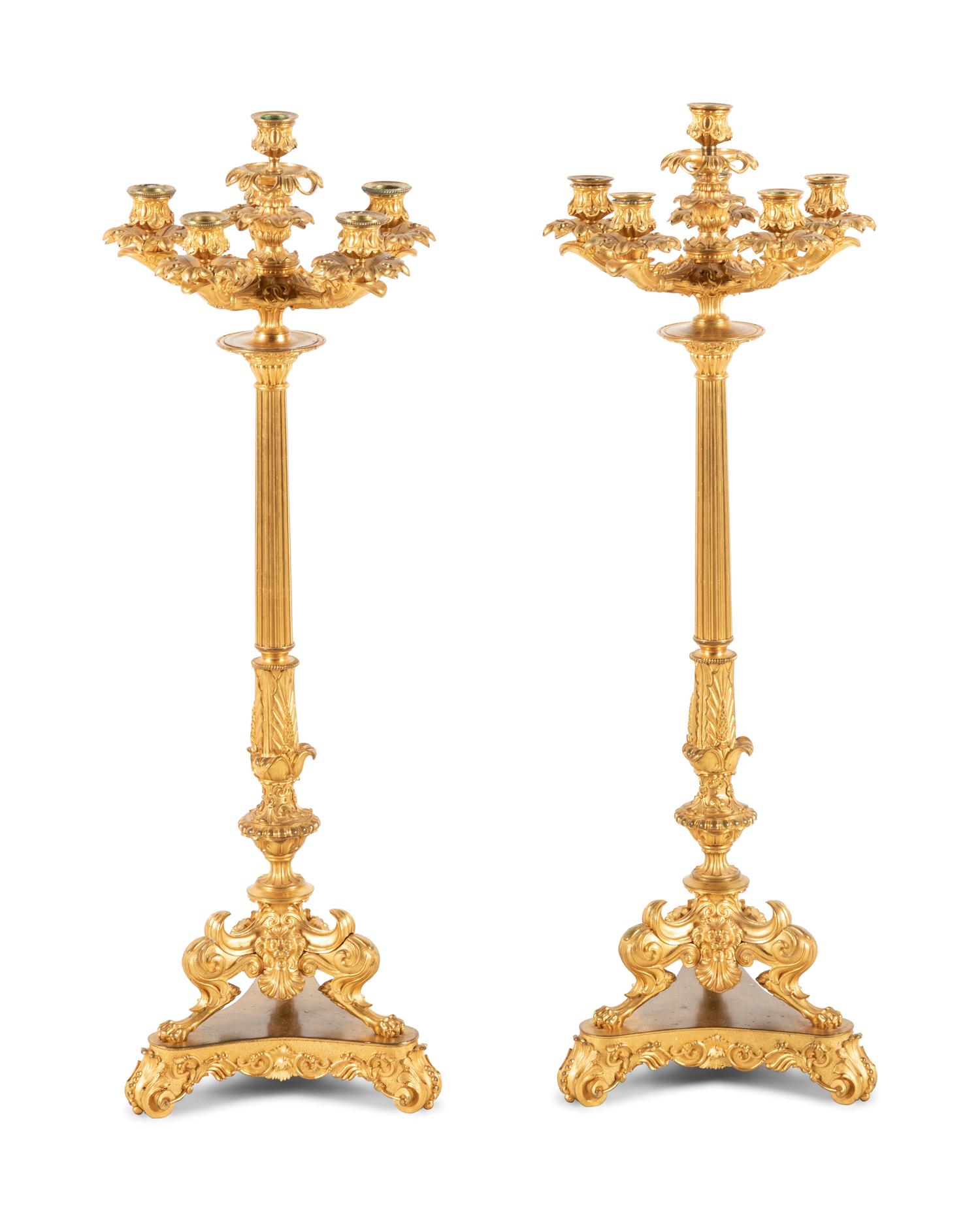 A Pair of Charles X Gilt Bronze Six-Light Candelabra