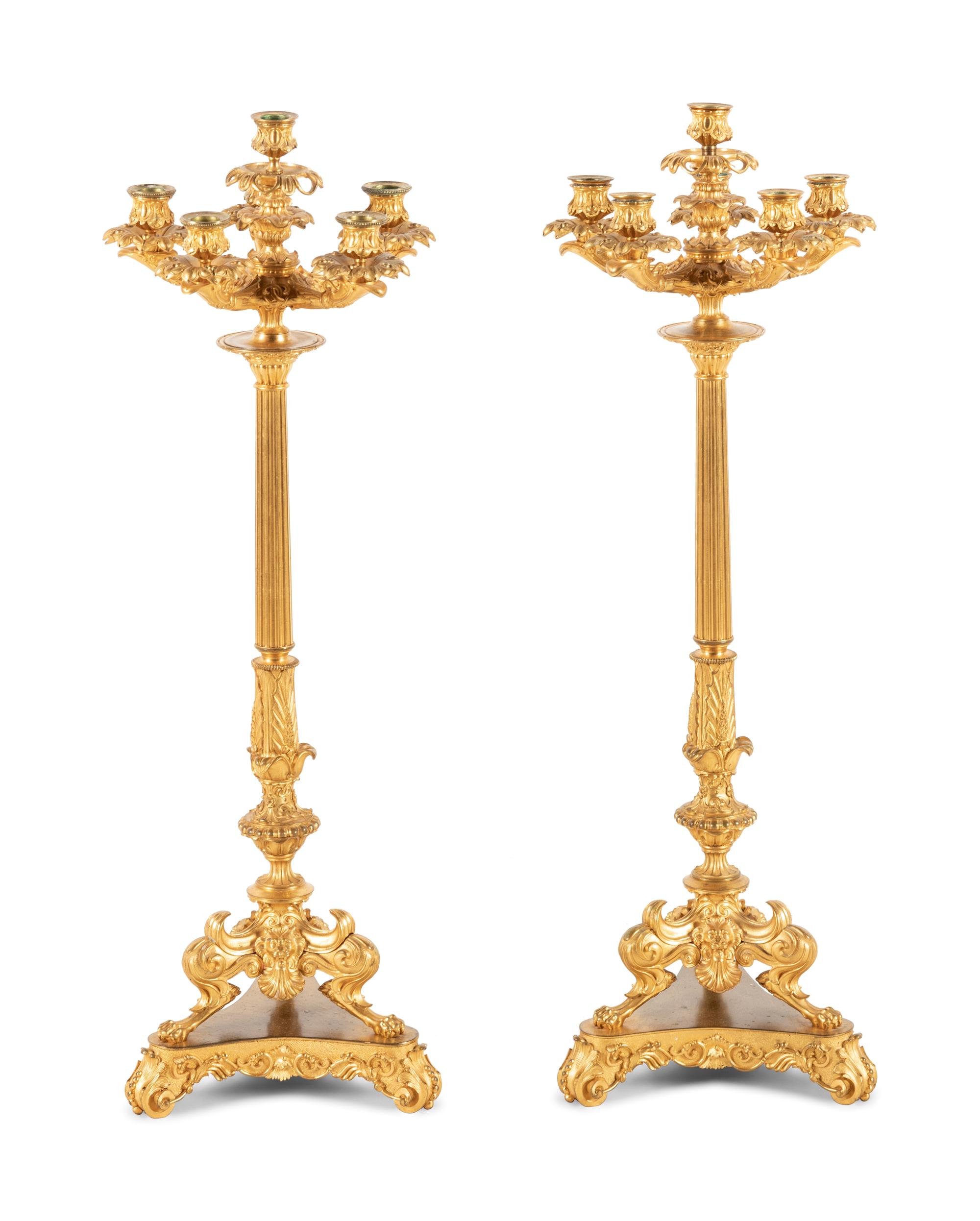 A Pair of Charles X Gilt Bronze Six-Light Candelabra