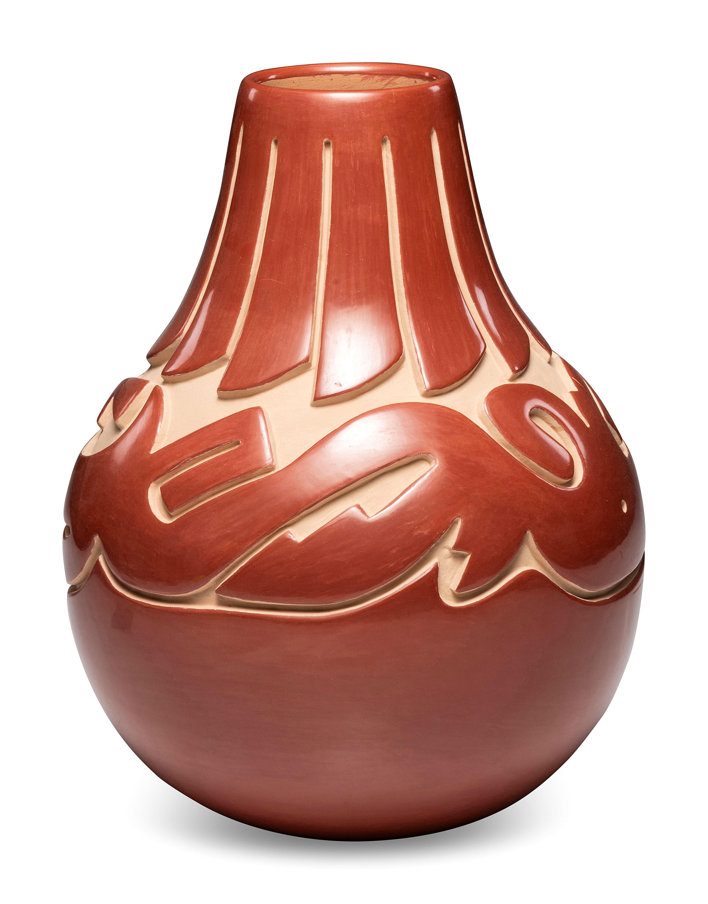 Carved Redware Pottery Vase