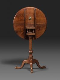 A Queen Anne Walnut Dish and Tilt-Top Bird-Cage Action Candlestand