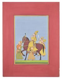 A Painting of a Marwari Equestrian Nobleman Smoking a Hookah Flanked by Five Pleated-Skirt Attendants, Jodhpur School, 20th Century
