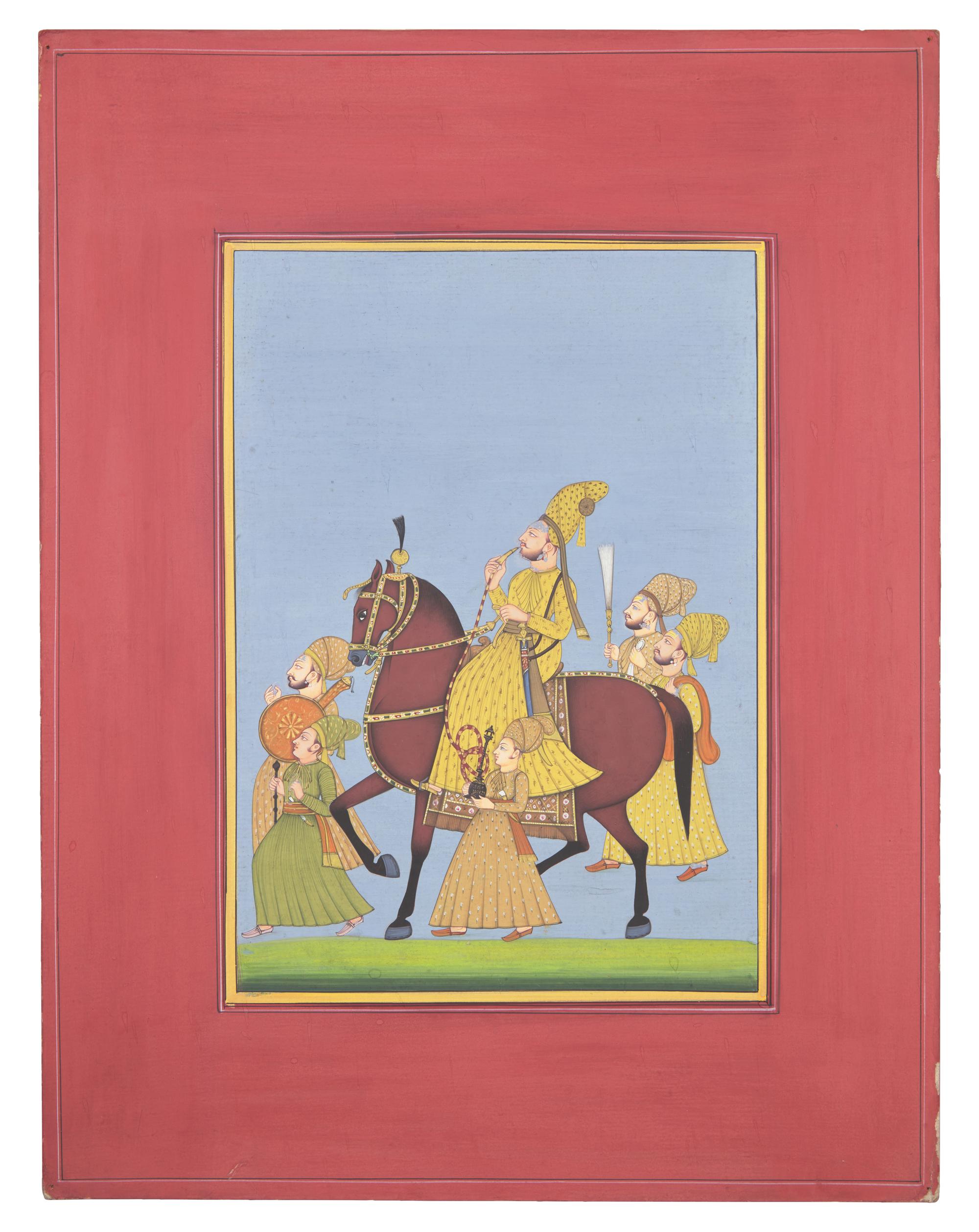 A Painting of a Marwari Equestrian Nobleman Smoking a Hookah Flanked by Five Pleated-Skirt Attendants, Jodhpur School, 20th Century