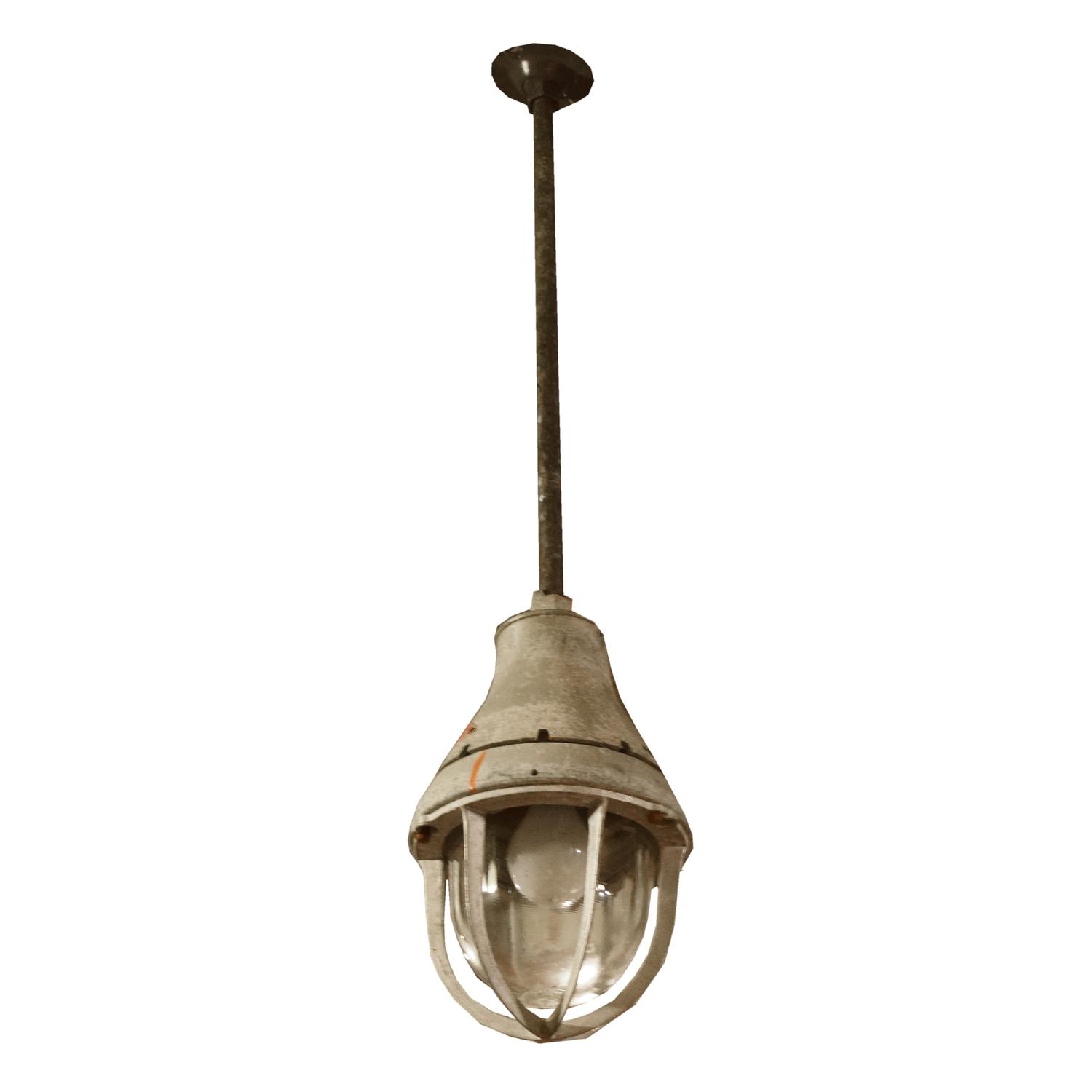 A Metal and Glass Industrial Pendant Light, Crouse Hinds 9" W x 9" D x 40" H — United States, Circa 1940