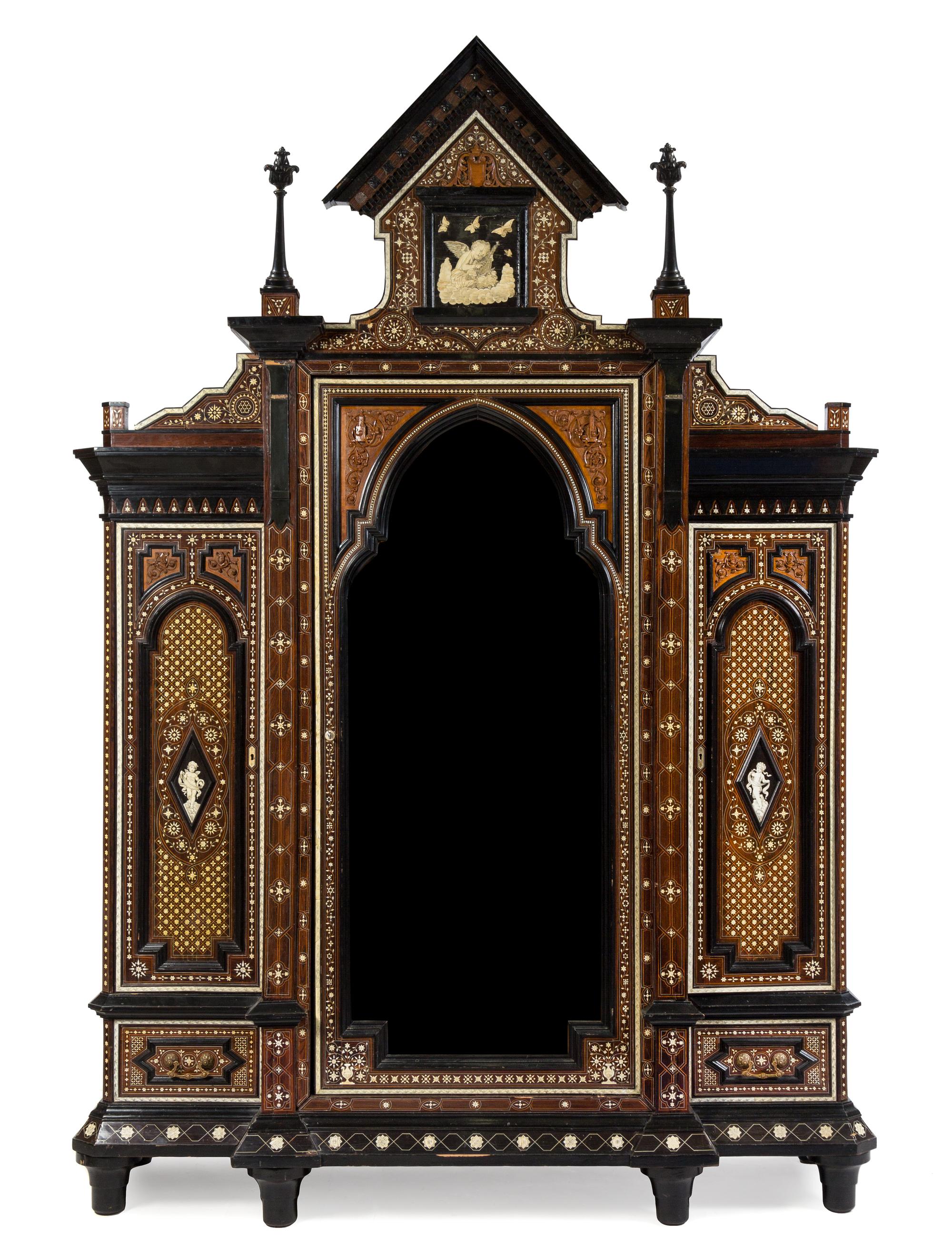 A North Italian Bone Inlaid and Parcel Ebonized Armoire Height 115 1/2 x width 80 x depth 24 1/2 inches. — 19TH CENTURY