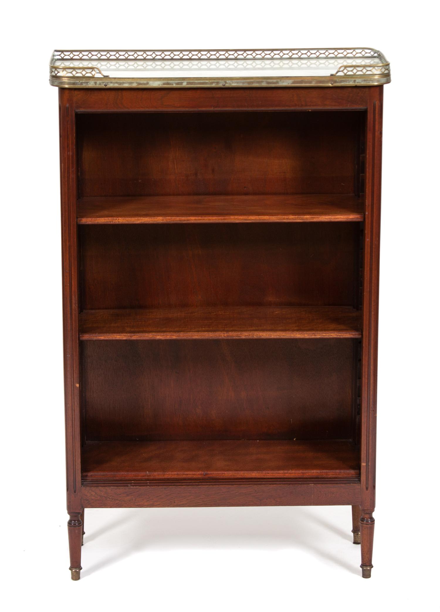 A Louis XVI Style Marble Top Mahogany Biblioteque Height 38 3/4 x width 24 x depth 9 inches. — LATE 19TH/EARLY 20TH CENTURY