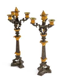 A Pair of Empire Parcel-Gilt and Patinated Bronze Four-Light Candelabra — 19TH CENTURY