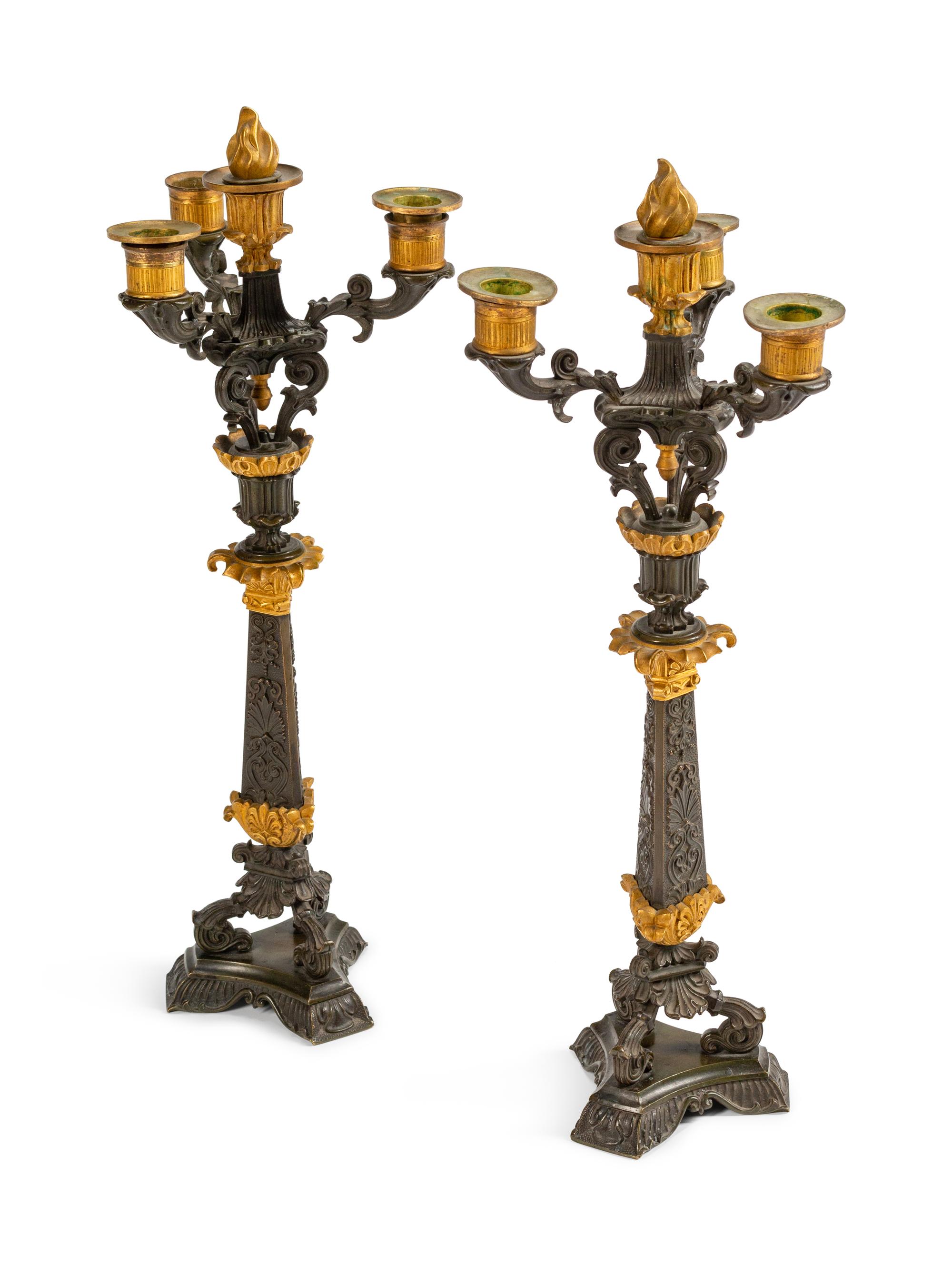 A Pair of Empire Parcel-Gilt and Patinated Bronze Four-Light Candelabra — 19TH CENTURY