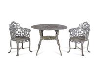 A Set of Three Victorian Style Cast Iron Garden Tables with Twelve Chairs