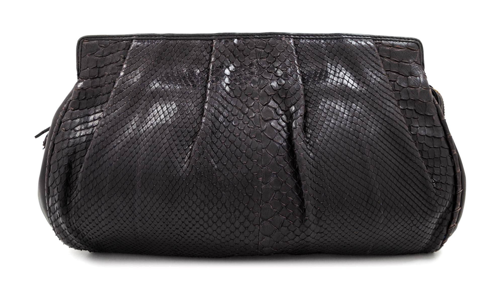 A Bottega Veneta Black Python Clutch, 8" H x 11.25" W x 1.5" D.