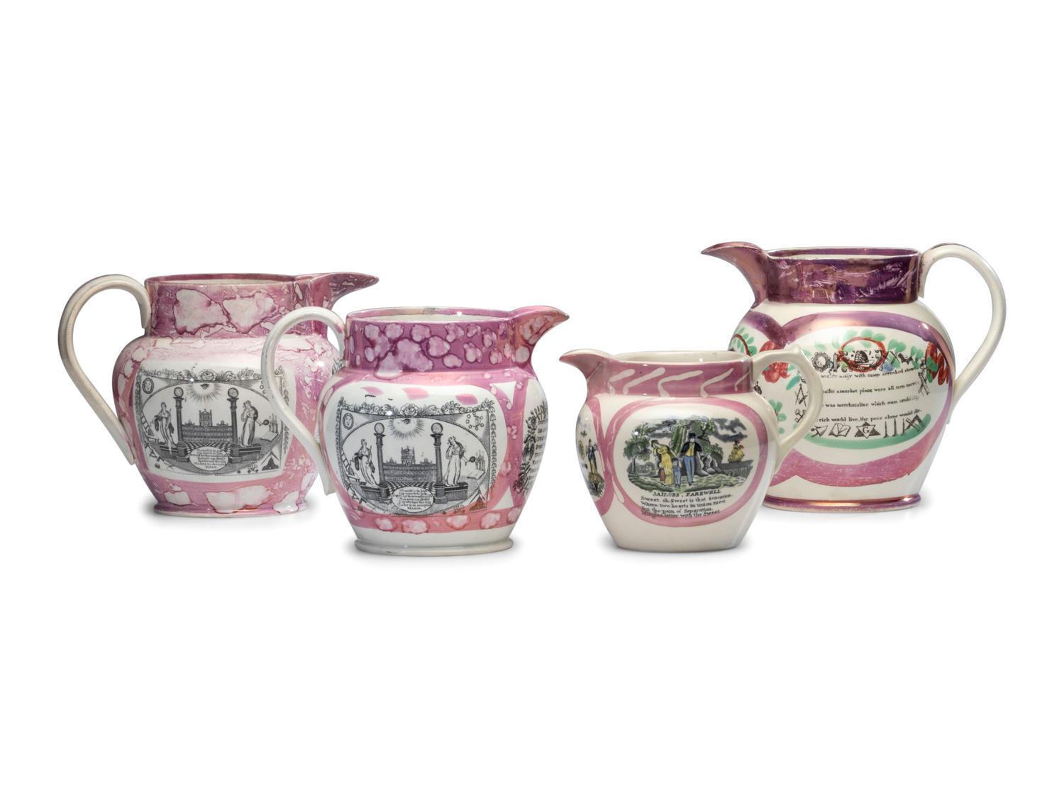 Four Sunderland Luster Masonic Jugs