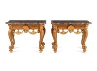 A Pair of George II Style Walnut and Parcel Gilt Marble-Top Pier Tables