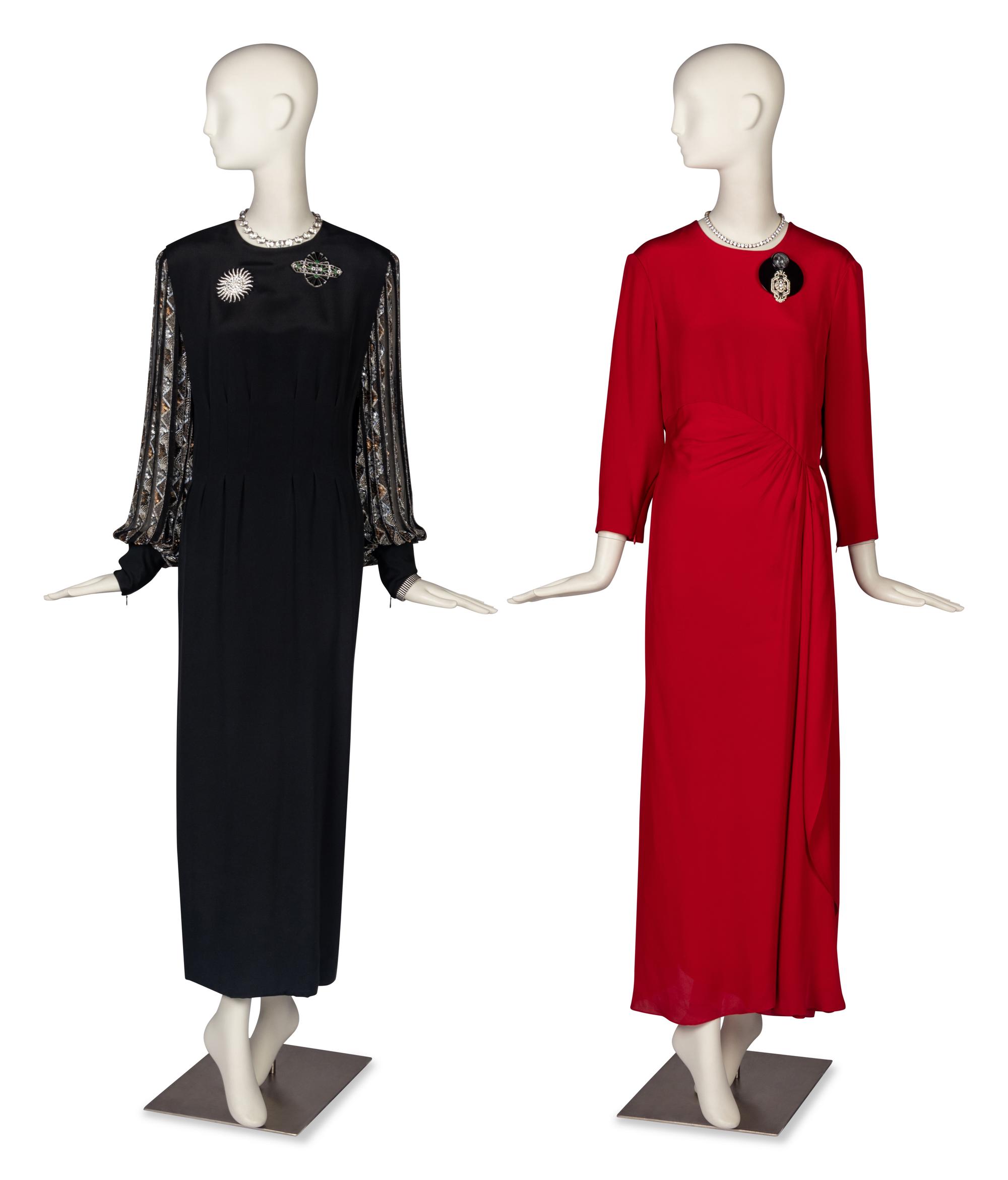 Two Gowns by Richilene and Carolina Herrera Accompanied by a Collection of Costume Jewelry