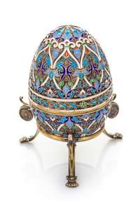 A Russian Enameled Silver Egg, Mark of Ivan Khlebnikov with Imperial Warrant, Moscow, Late 19th/Early 20th Century, the case worked to