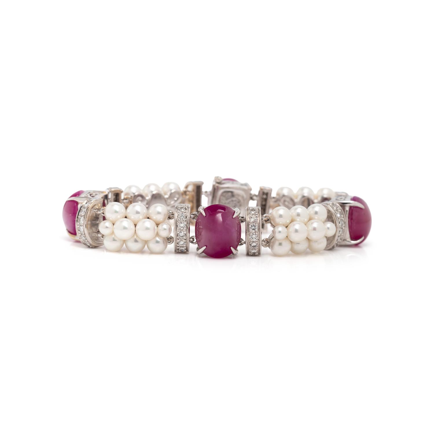SEAMAN SCHEPPS, RUBY, CULTURED PEARL, AND DIAMOND BRACELET