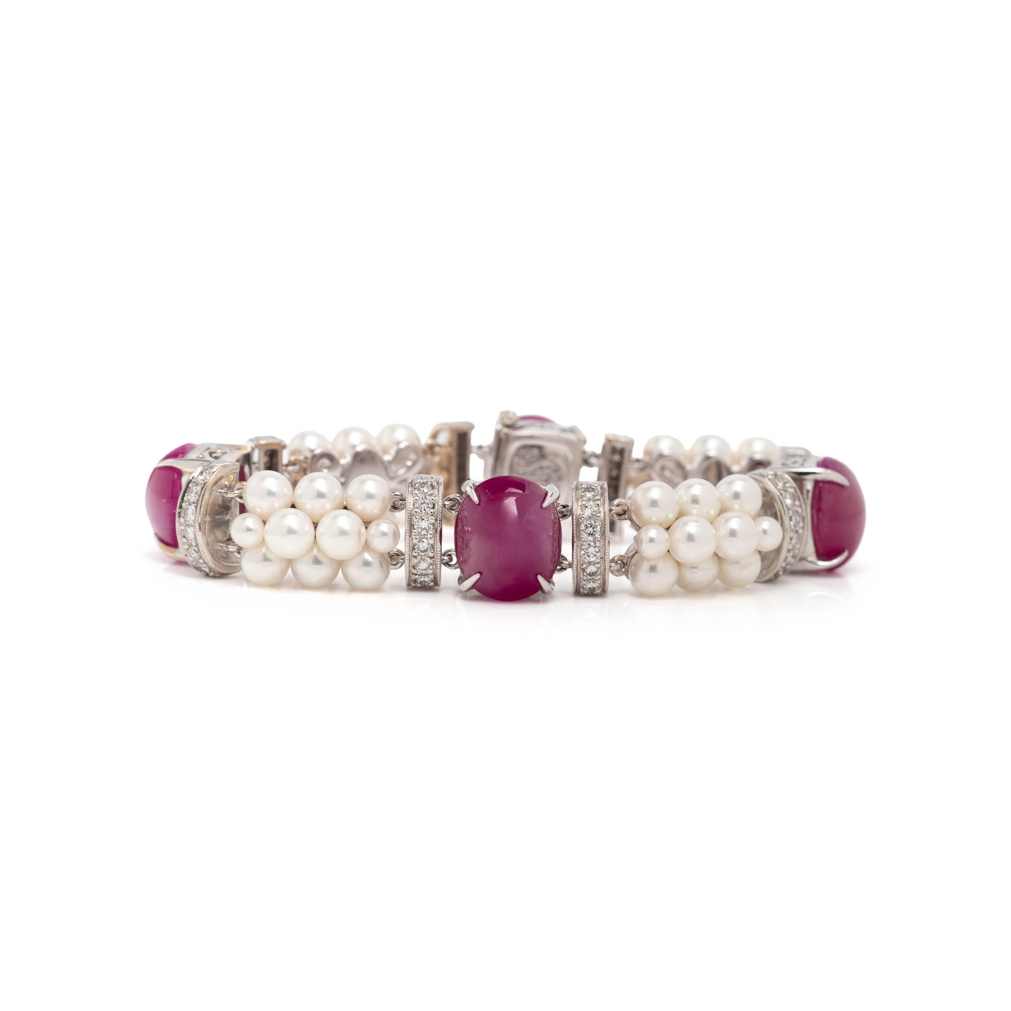 SEAMAN SCHEPPS, RUBY, CULTURED PEARL, AND DIAMOND BRACELET