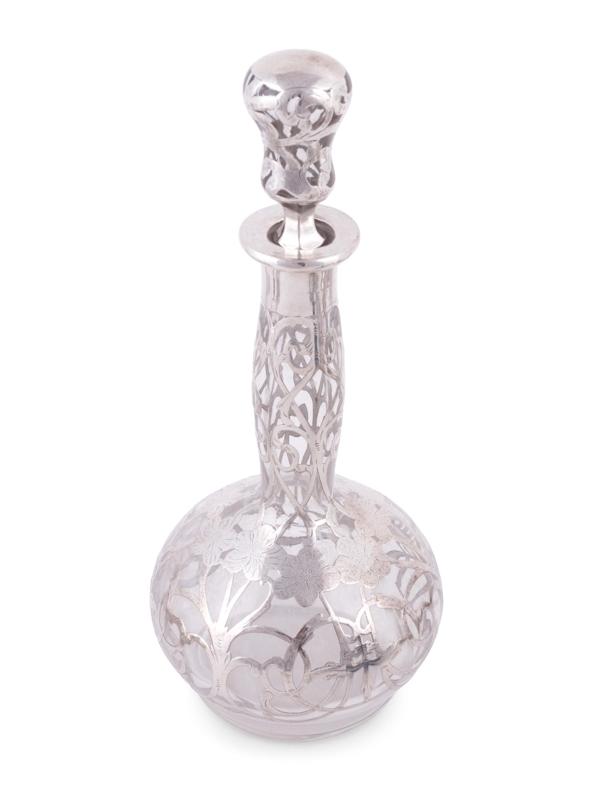 Nine Silver Overlay Glass Scent Bottles and Cruets
