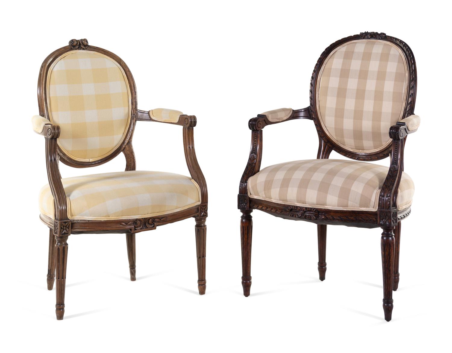 A Louis XVI Beechwood Fauteuil and a Louis XVI Style Walnut Fauteuil