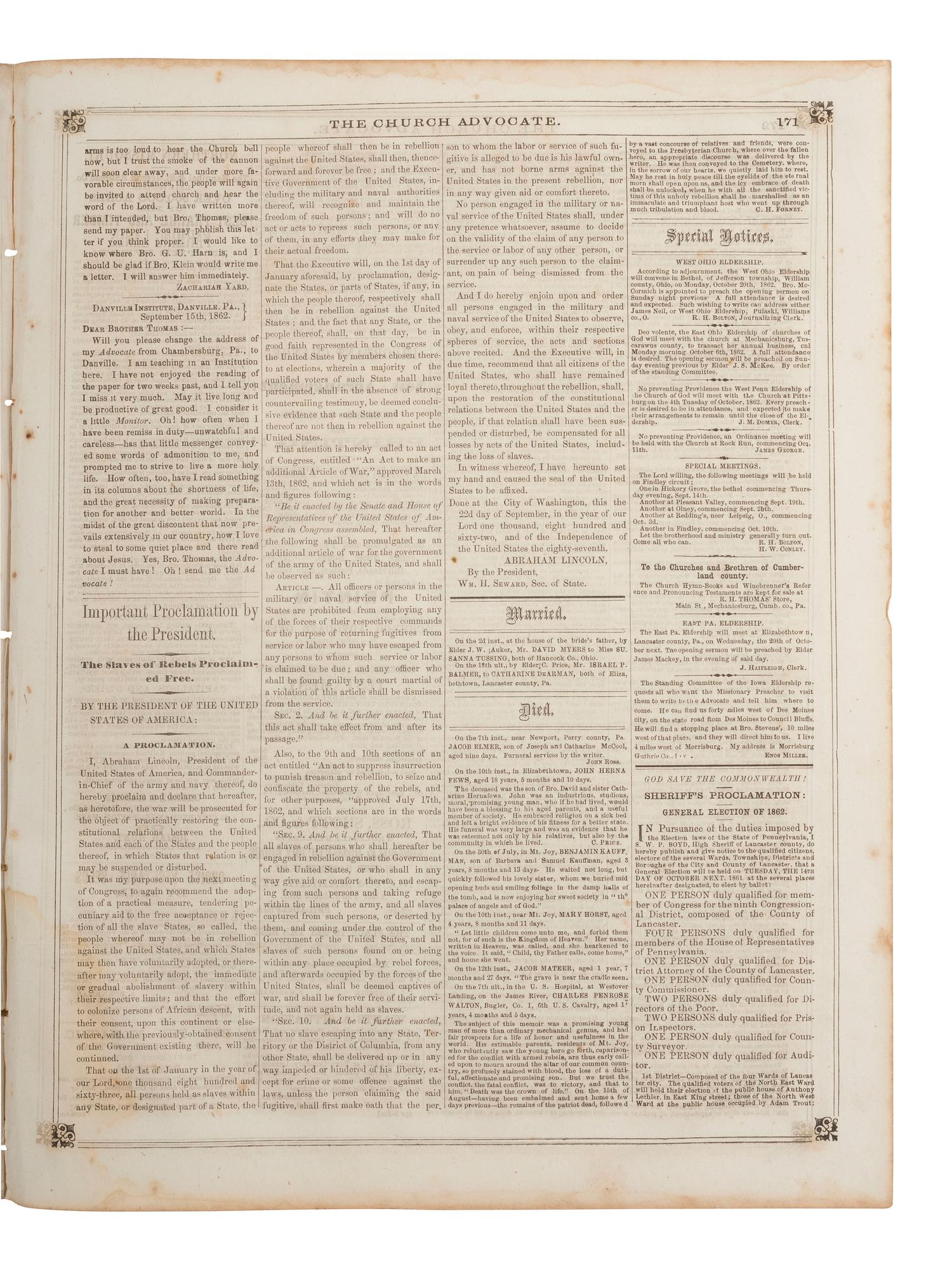 [AFRICAN AMERICANA - EMANCIPATION PROCLAMATION]. Church Advocate . Vol. XXVII, No. 21. Lancaster, PA: E.H. Thomas, J.S. Gable, and George Ross, 25 September 1862.
