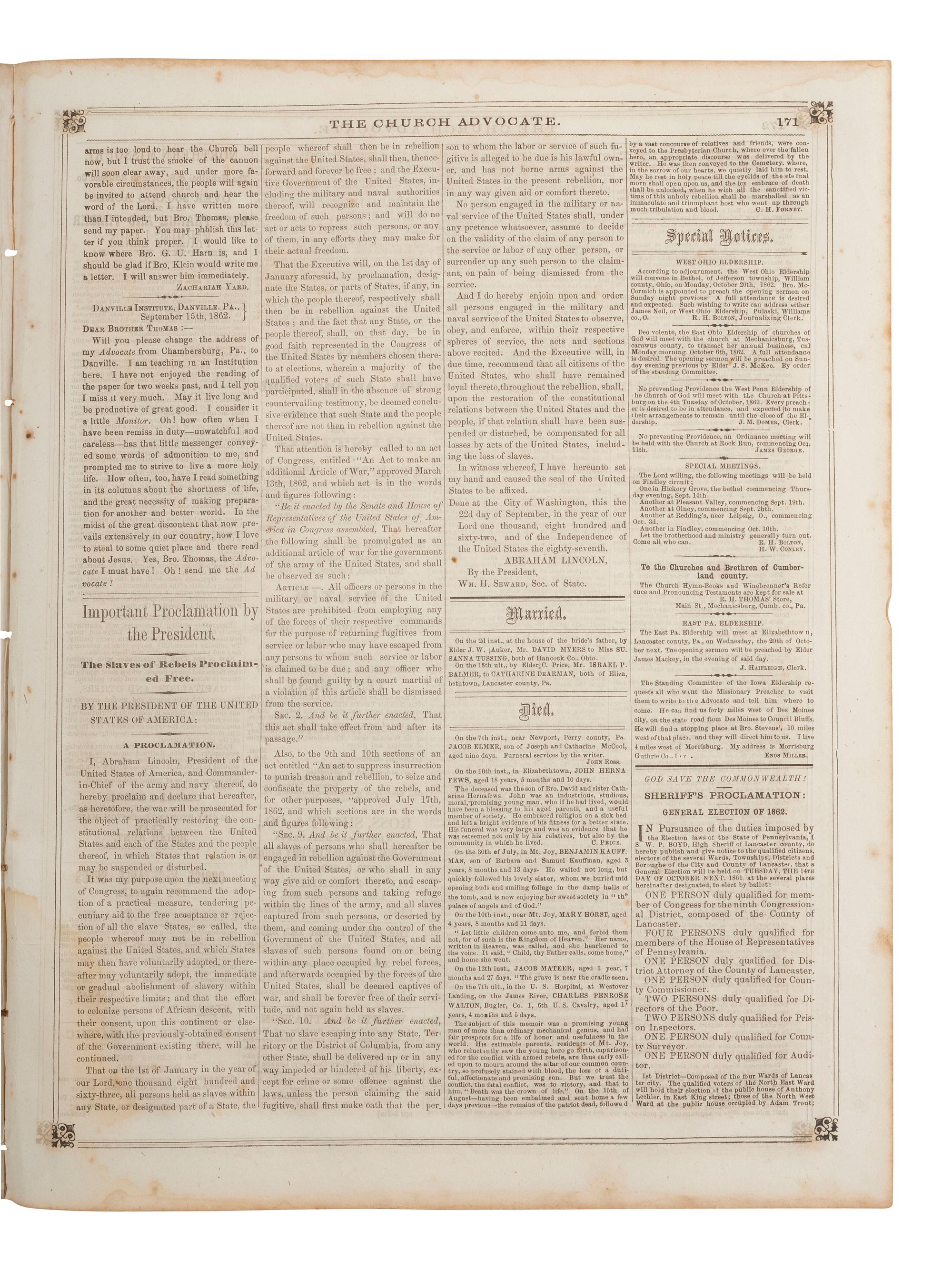 [AFRICAN AMERICANA - EMANCIPATION PROCLAMATION]. Church Advocate . Vol. XXVII, No. 21. Lancaster, PA: E.H. Thomas, J.S. Gable, and George Ross, 25 September 1862.