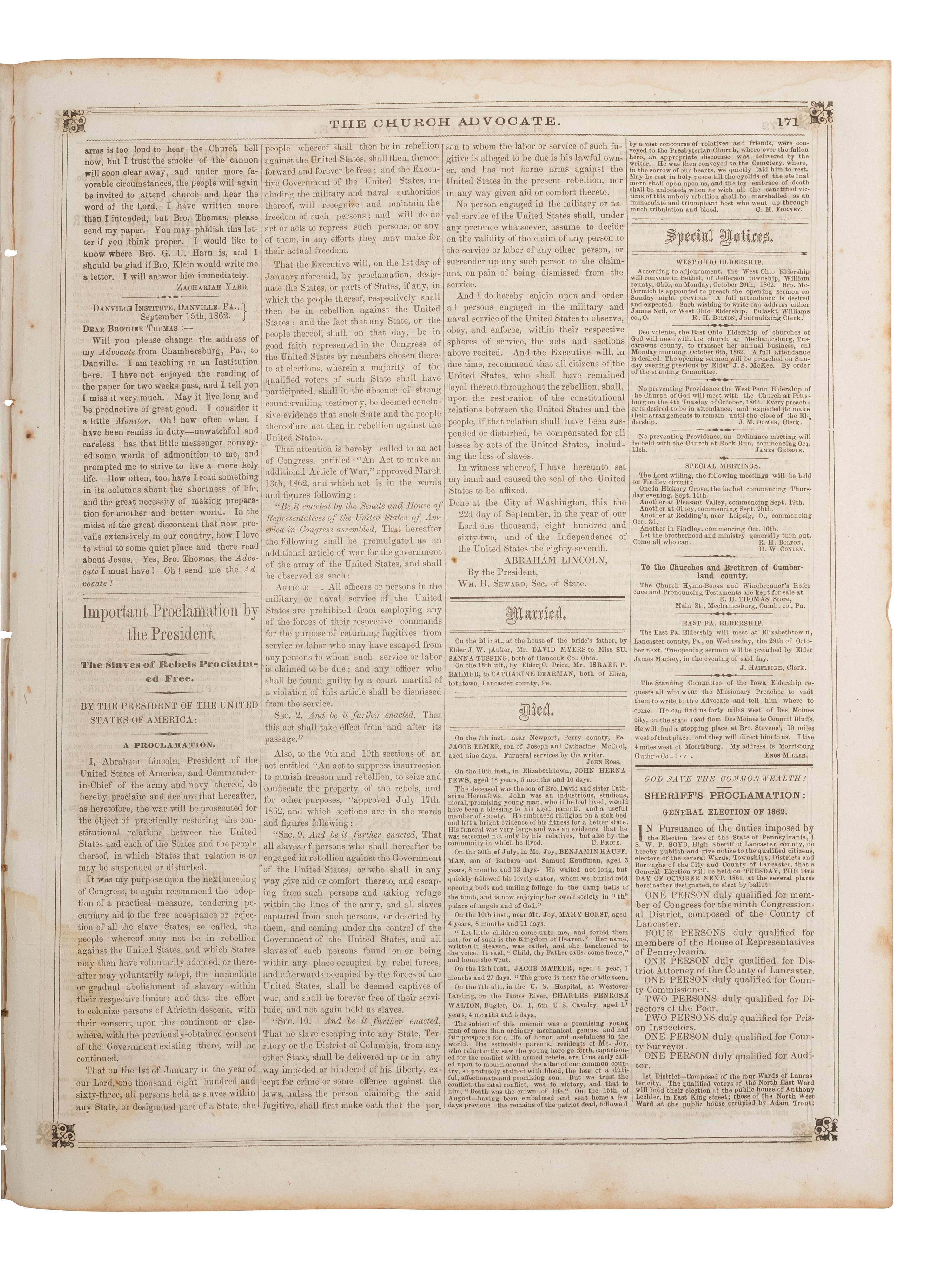 [AFRICAN AMERICANA - EMANCIPATION PROCLAMATION]. Church Advocate . Vol. XXVII, No. 21. Lancaster, PA: E.H. Thomas, J.S. Gable, and George Ross, 25 September 1862.