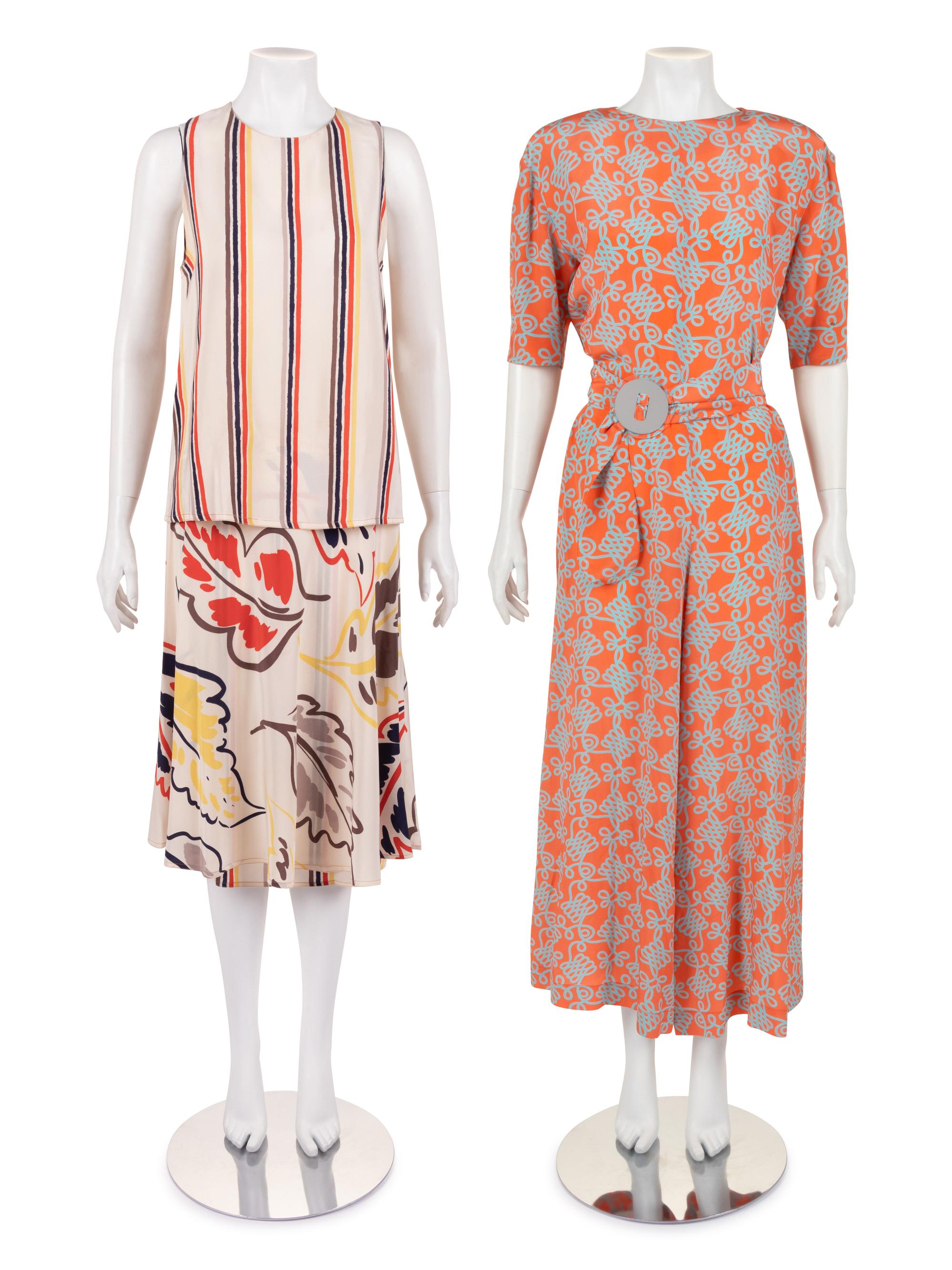 Two Designer Ensembles: One Jean Muir Belted Jumpsuit and One Chloé Skirt Ensemble, 1980s
