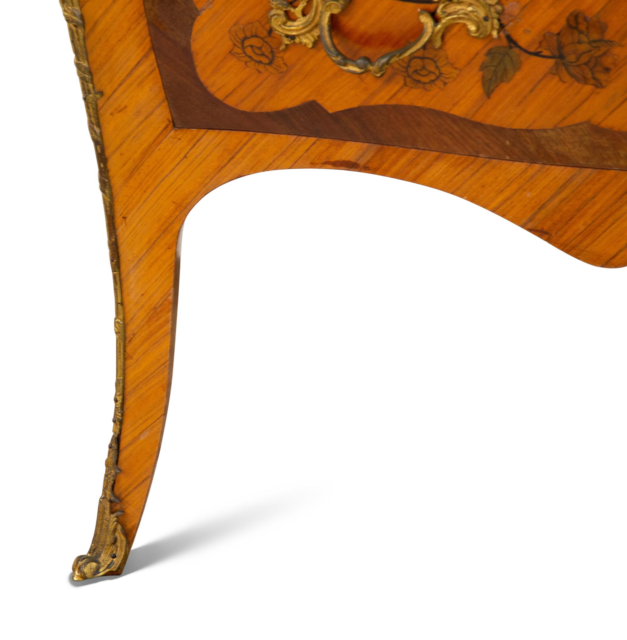 A Louis XV Style Gilt Bronze Mounted Marquetry Marble-Top Commode