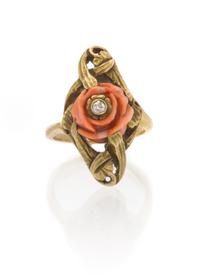 An Art Nouveau Yellow Gold, Coral, and Diamond Ring, 3.70 dwts.