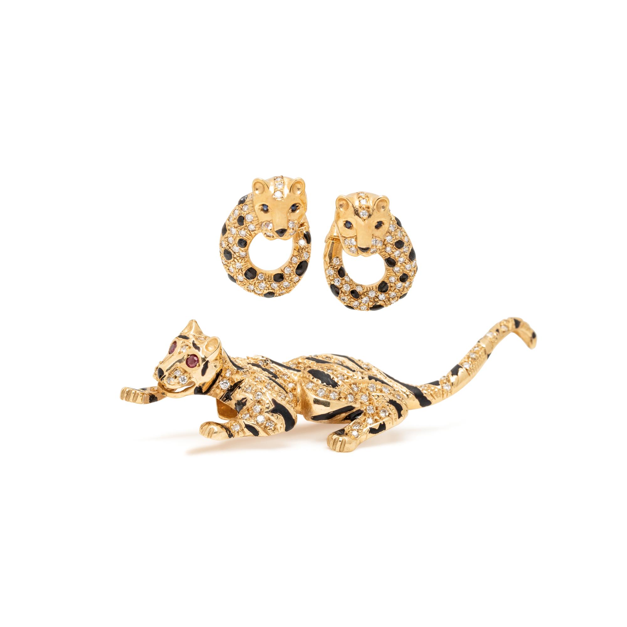COLLECTION OF YELLOW GOLD AND DIAMOND BIG CAT JEWELRY