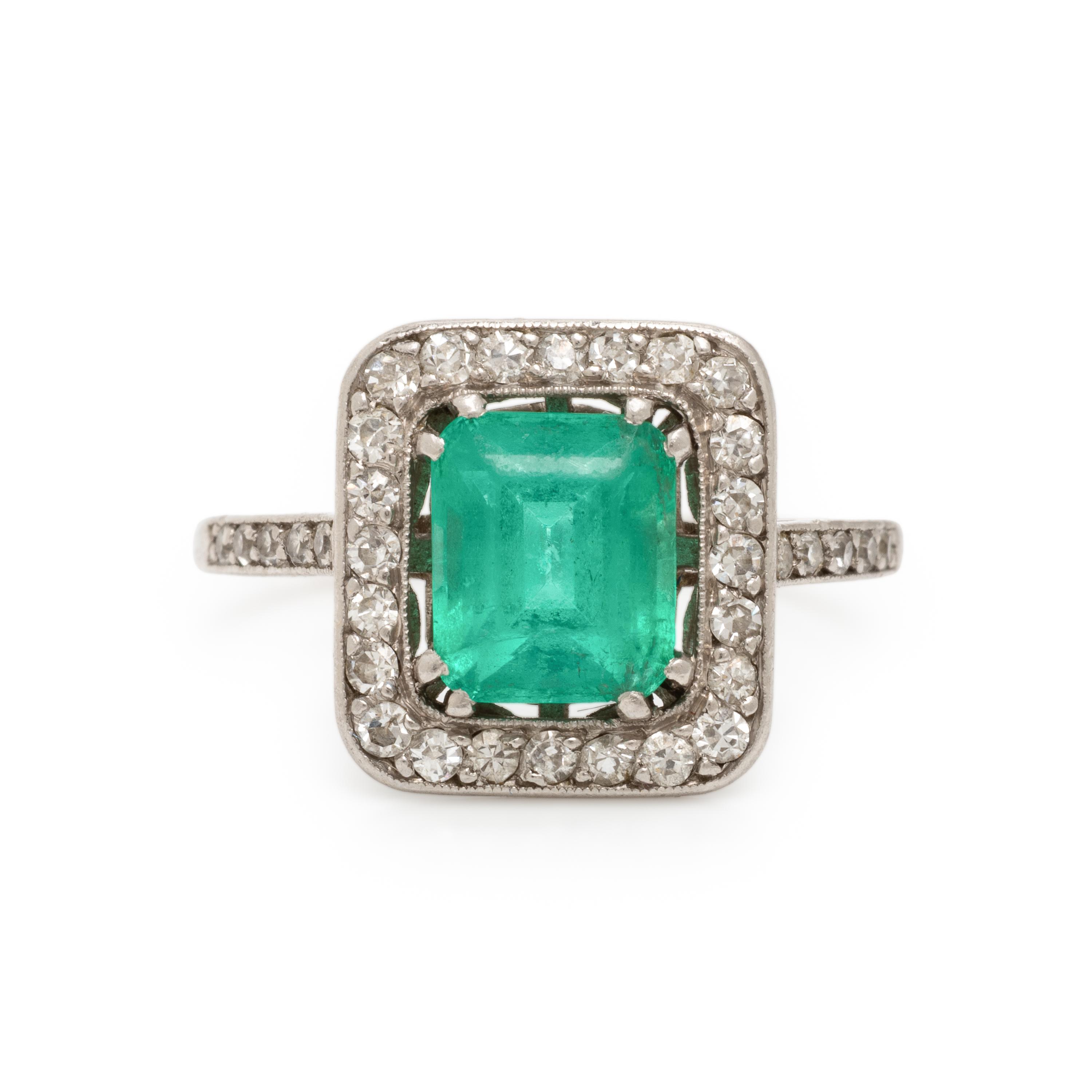 Art Deco, French, Colombian Emerald, Diamond, and Platinum Ring