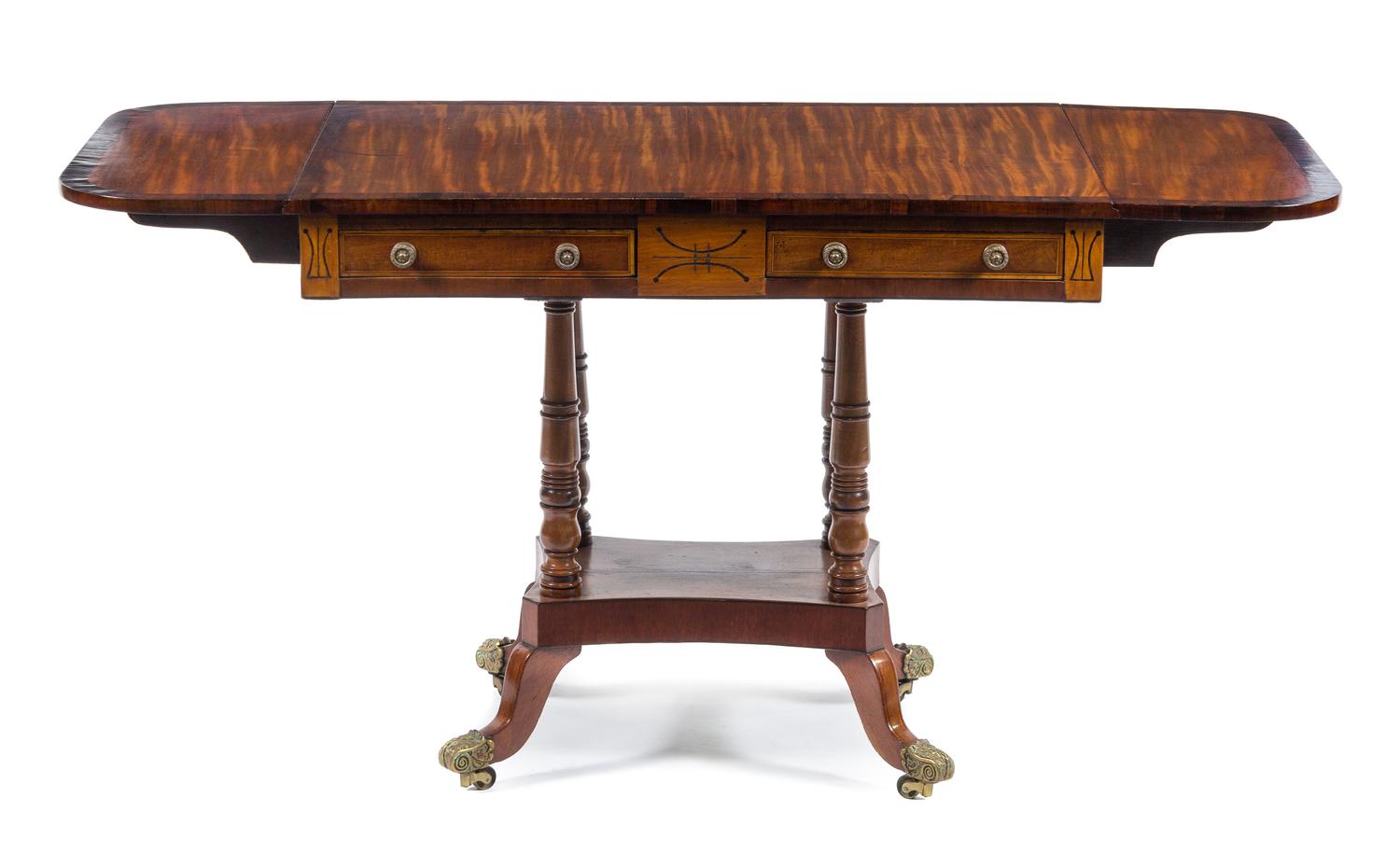 A Regency Rosewood Banded Satinwood Sofa Table Height 29 x width 36 x depth 25 3/4 inches. — EARLY 19TH CENTURY