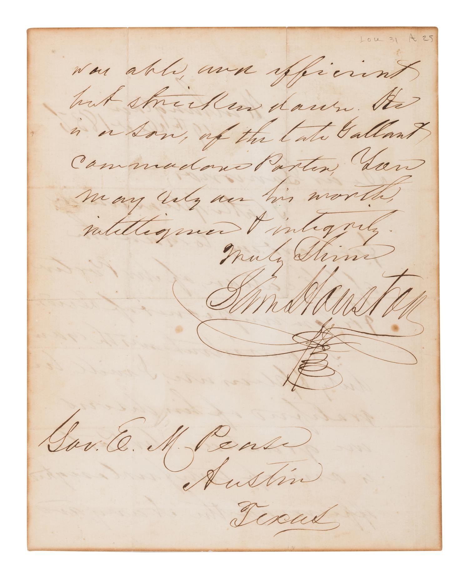 HOUSTON, Sam (1793-1863). Autograph letter signed as Senator ("Sam Houston"), to Elisha M. Pease. Washington, D. C., 19 December 1856.