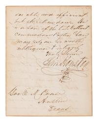 HOUSTON, Sam (1793-1863). Autograph letter signed as Senator ("Sam Houston"), to Elisha M. Pease. Washington, D. C., 19 December 1856.
