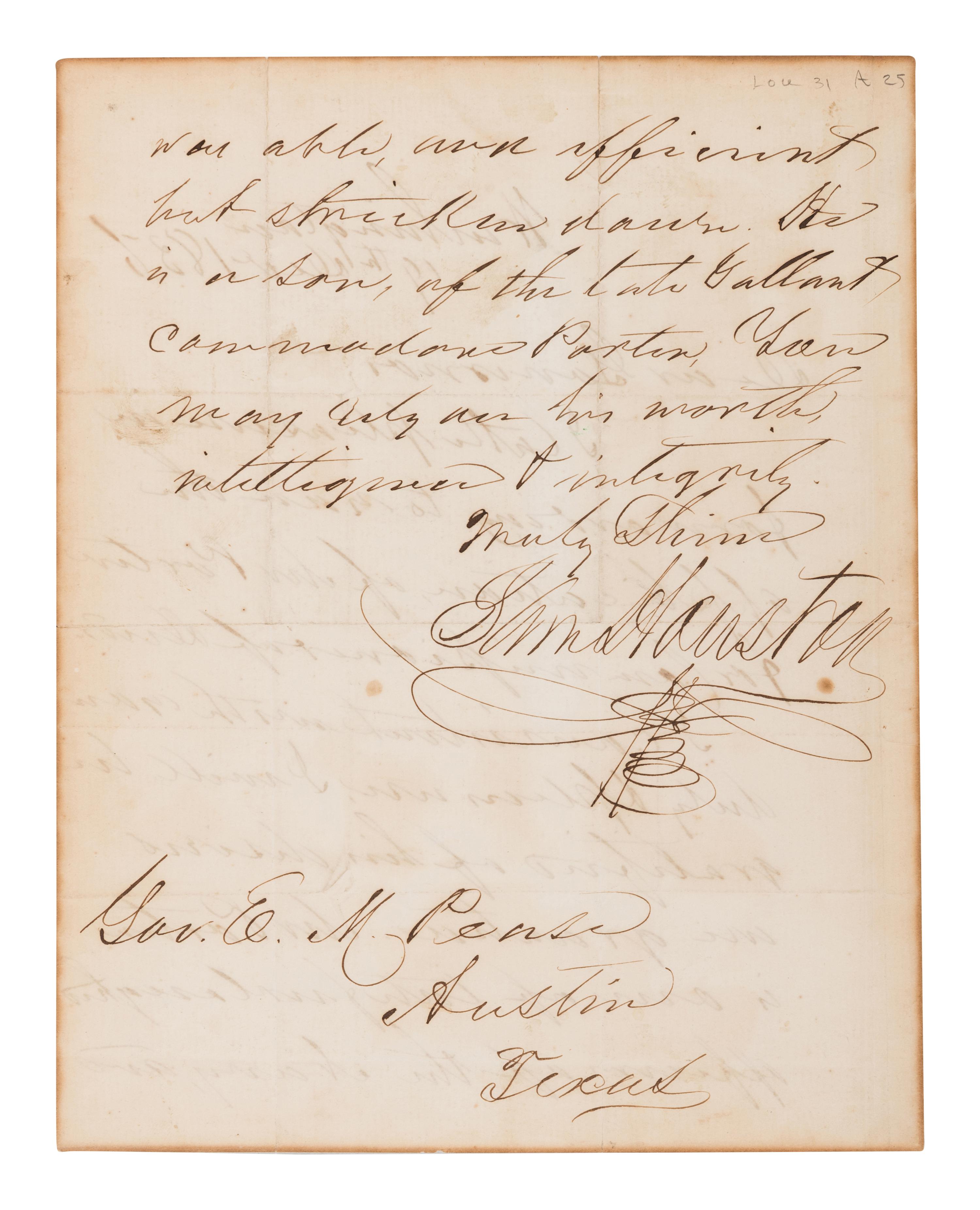 HOUSTON, Sam (1793-1863). Autograph letter signed as Senator ("Sam Houston"), to Elisha M. Pease. Washington, D. C., 19 December 1856.