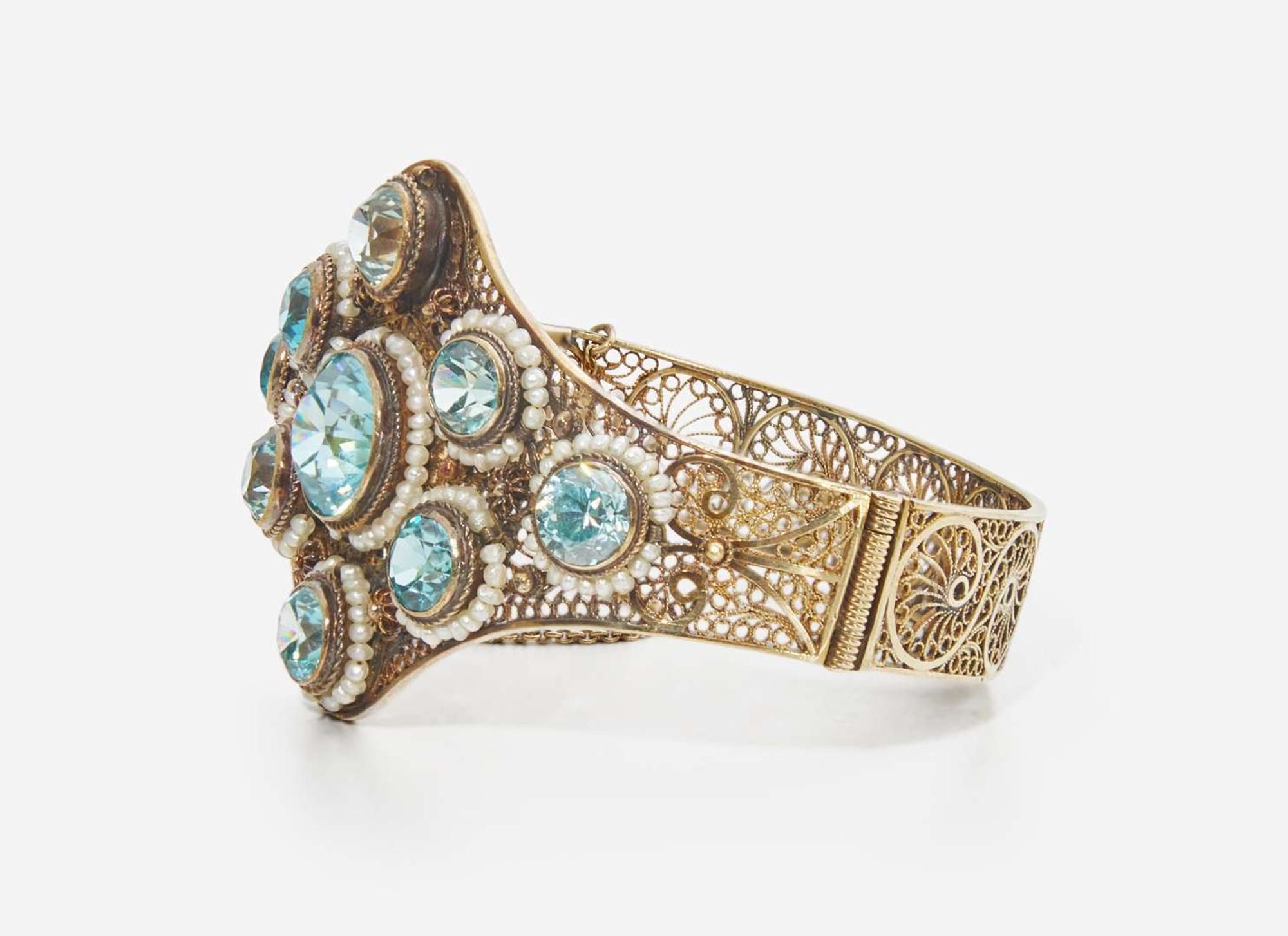 A 14K Yellow Gold, Seed Pearl, and Blue Zircon Bracelet