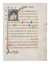 METZ SCHOOL Single Leaf from a Missal with historiated initial of the Elevation of the Mass, in Latin, illuminated manuscript on parchment [France, Metz or Verdun, c. 1300–1315]