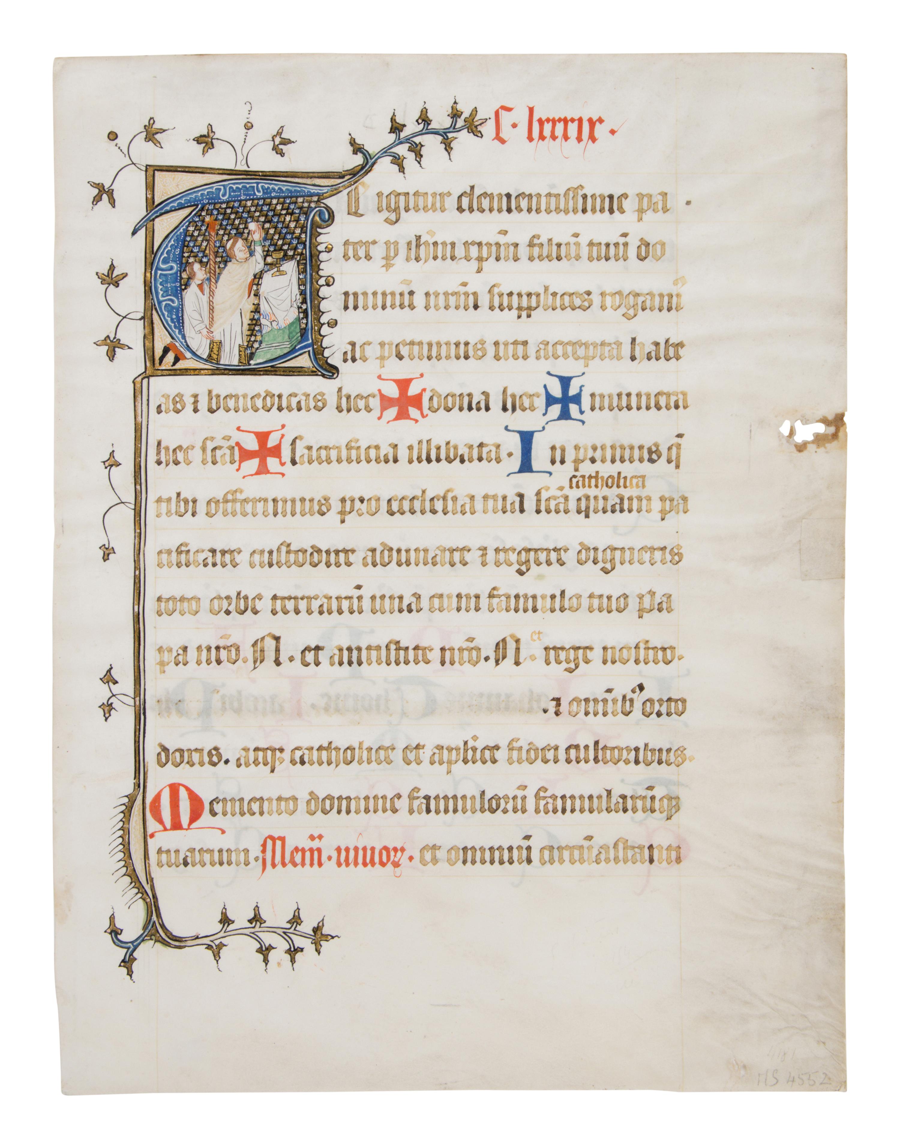 METZ SCHOOL Single Leaf from a Missal with historiated initial of the Elevation of the Mass, in Latin, illuminated manuscript on parchment [France, Metz or Verdun, c. 1300–1315]