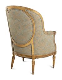 A Pair of Louis XVI Style Damask-Upholstered Giltwood Bergères