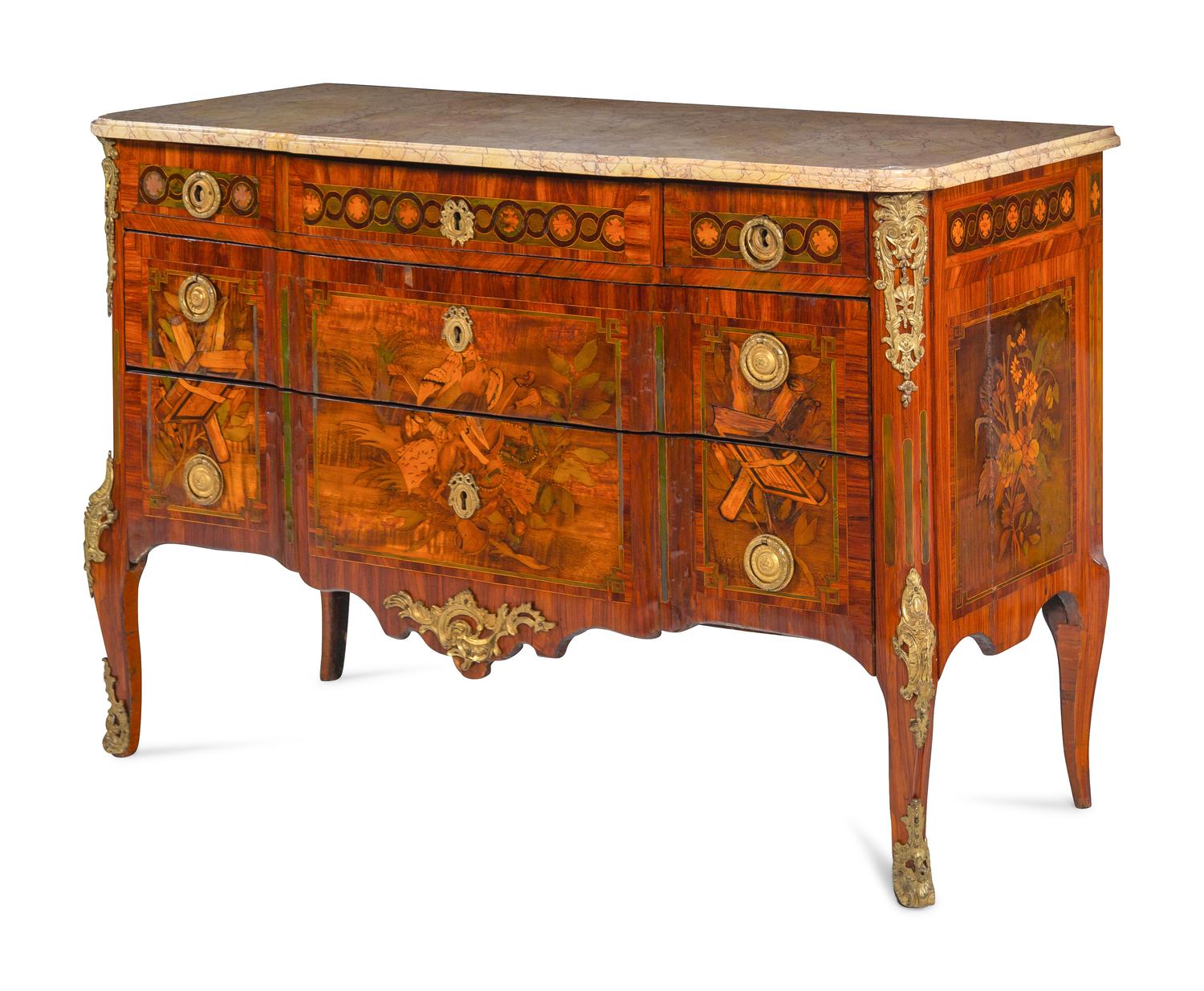 A Louis XV/XVI Transitional Style Gilt Metal Mounted and Sans Traverse Marquetry Marble-Top Commode