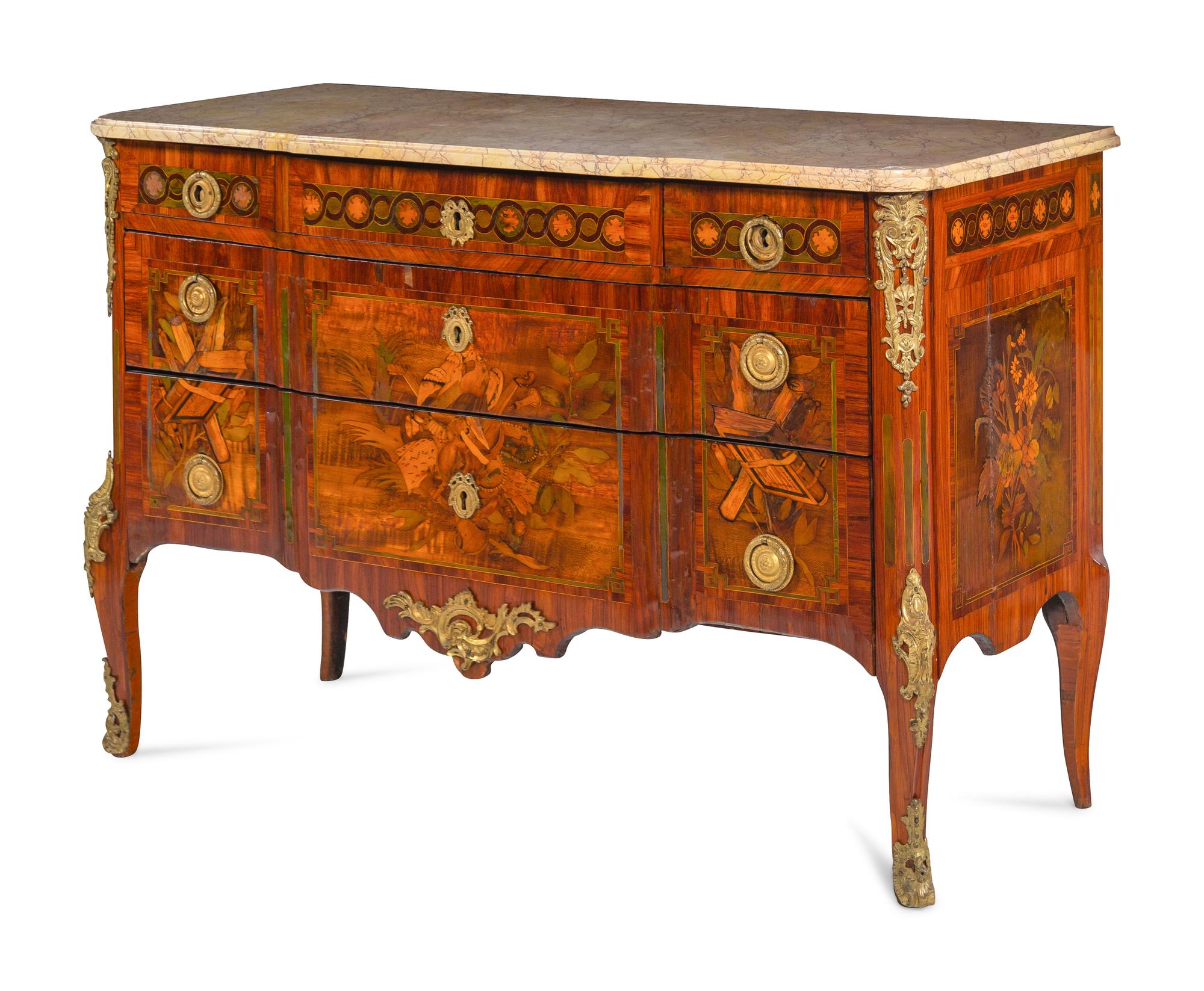 A Louis XV/XVI Transitional Style Gilt Metal Mounted and Sans Traverse Marquetry Marble-Top Commode