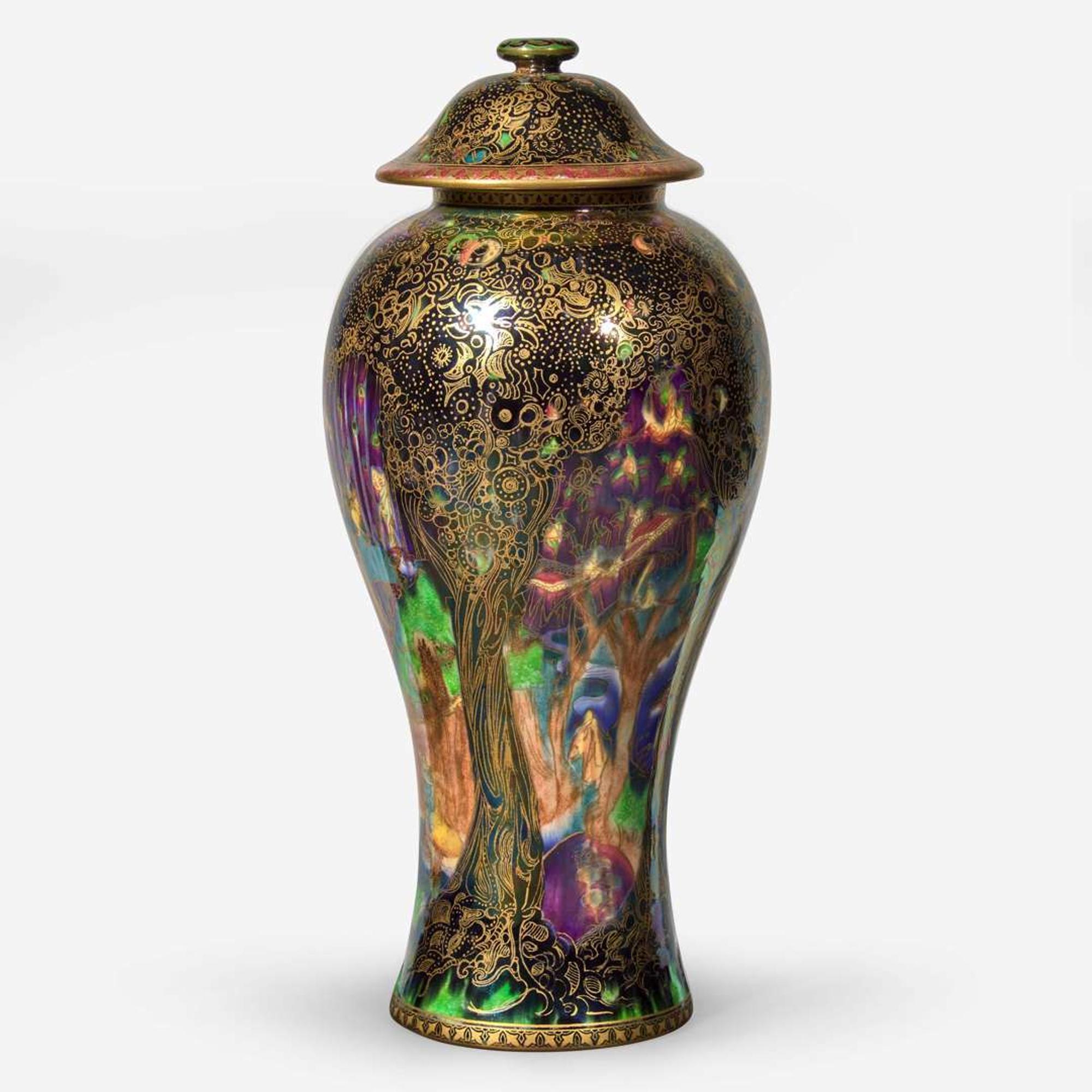 A Wedgwood Black Fairyland Lustre "Jewelled Tree" Vase and Cover UK, circa 1925