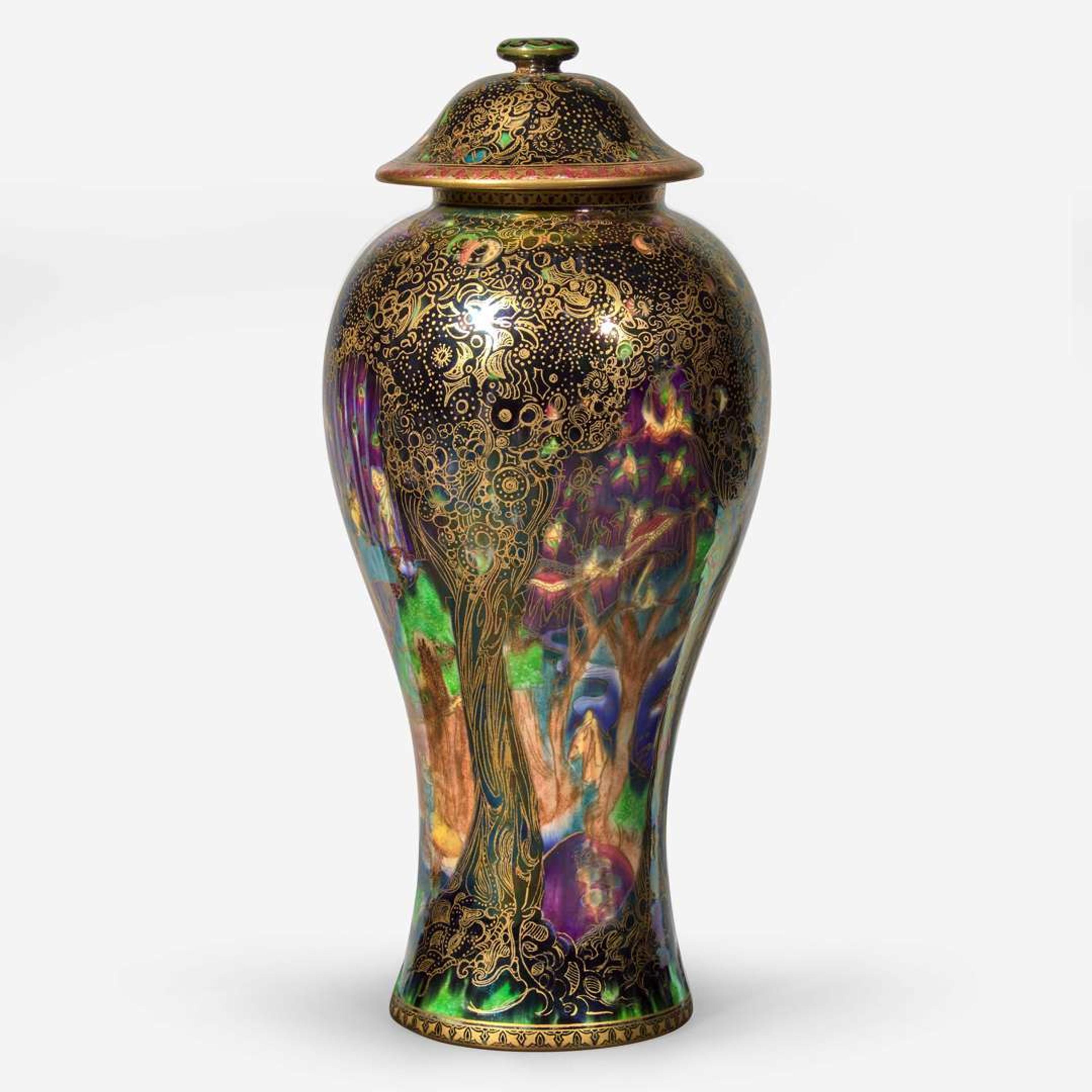 A Wedgwood Black Fairyland Lustre "Jewelled Tree" Vase and Cover UK, circa 1925
