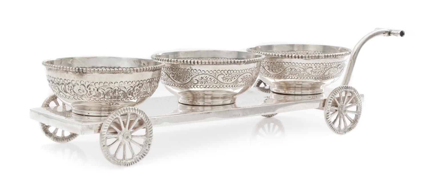 An American Silver Condiment Trolley, George L. Vose Mfg. Co., Providence, RI, First Half 20th Century, set with three dishes, raised o