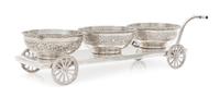 An American Silver Condiment Trolley, George L. Vose Mfg. Co., Providence, RI, First Half 20th Century, set with three dishes, raised o