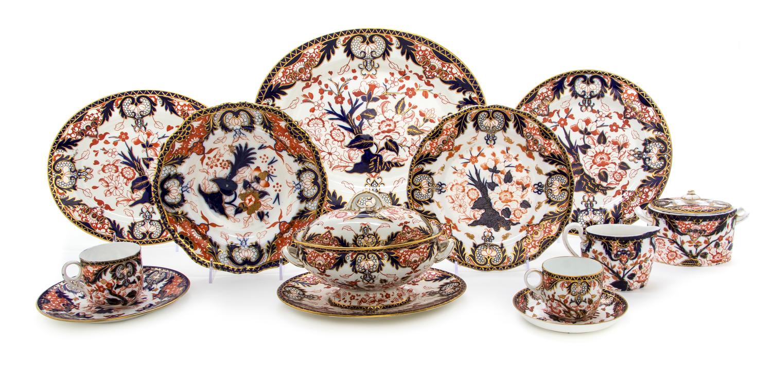 An Assembled Crown Derby Porcelain Dinner Service, Diameter of dinner plate 10 1/4 inches.
