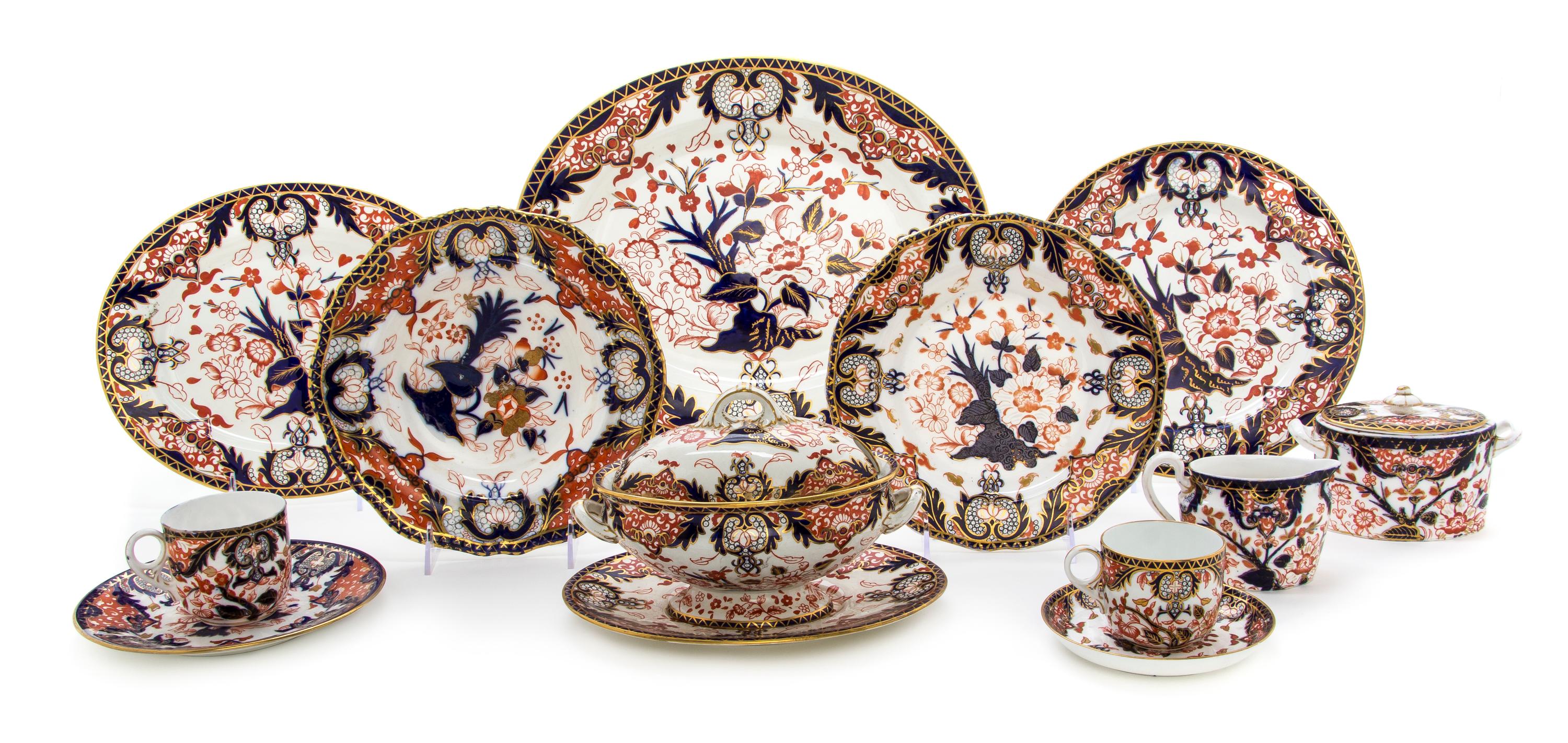 An Assembled Crown Derby Porcelain Dinner Service, Diameter of dinner plate 10 1/4 inches.
