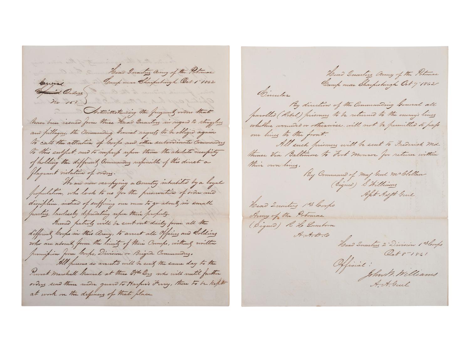 [CIVIL WAR]. A General Order and Circular, issued at "Camp near Sharpsburgh" after Antietam, 1862.