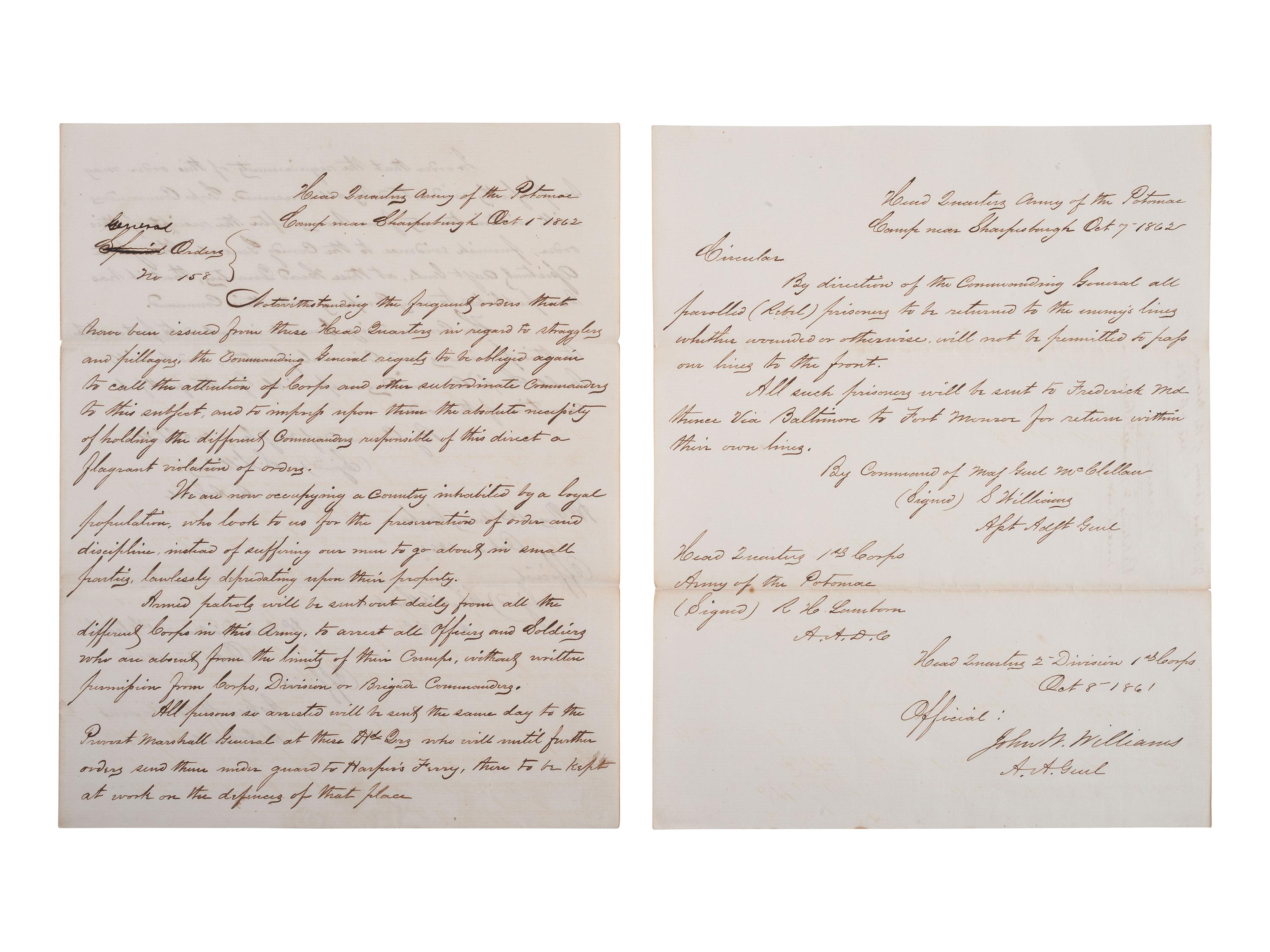 [CIVIL WAR]. A General Order and Circular, issued at "Camp near Sharpsburgh" after Antietam, 1862.